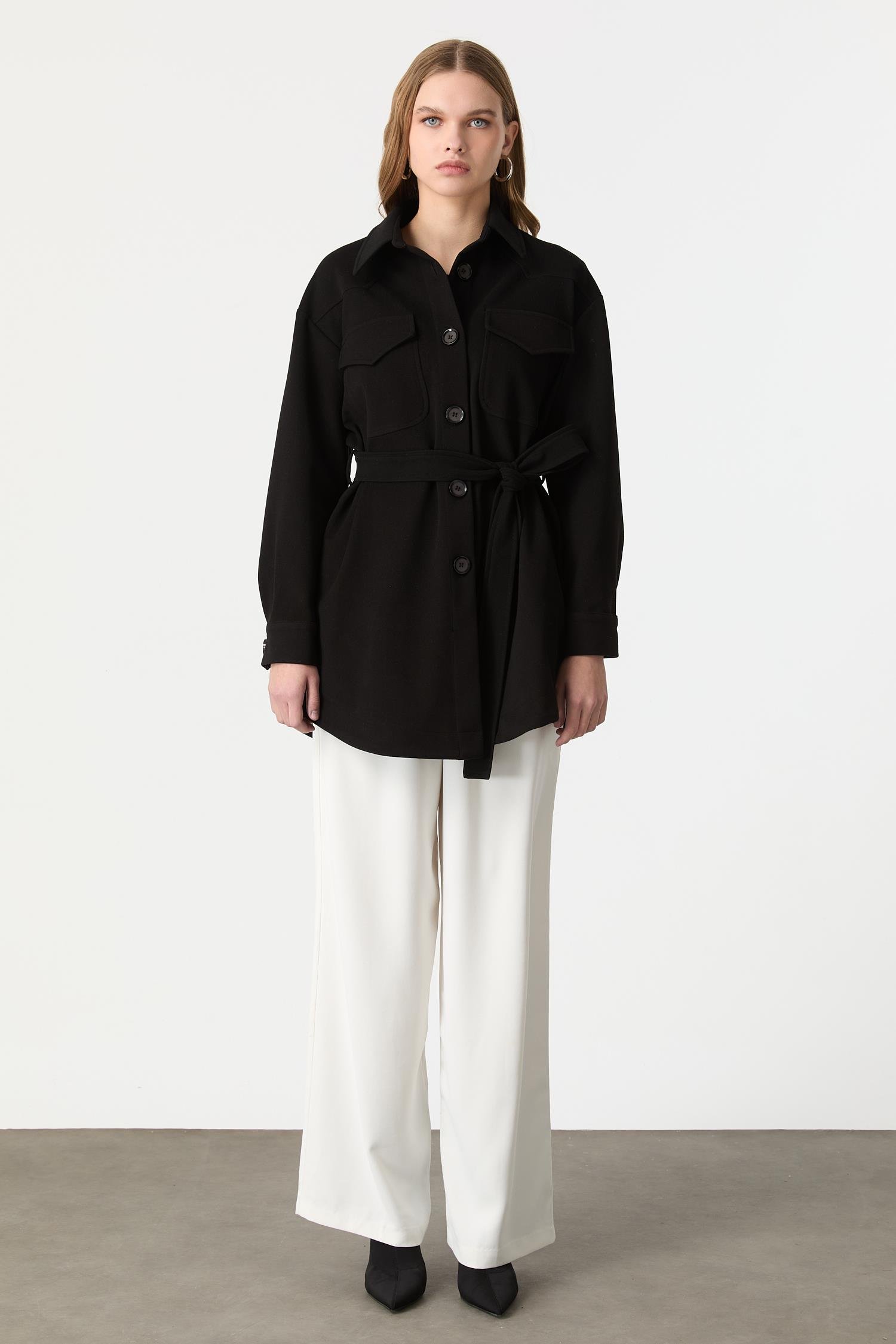 Kuşak Detaylı Kaşe Ceket-SİYAH