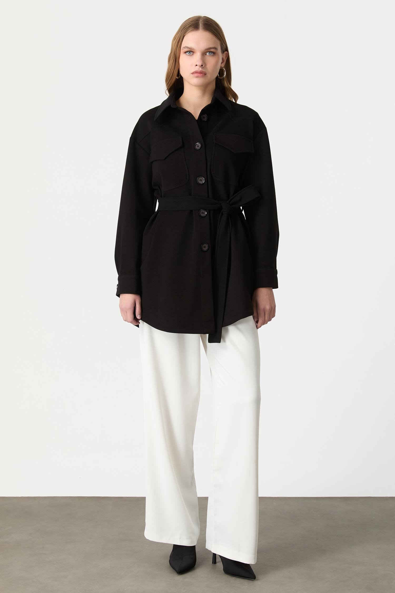 Kuşak Detaylı Kaşe Ceket-SİYAH