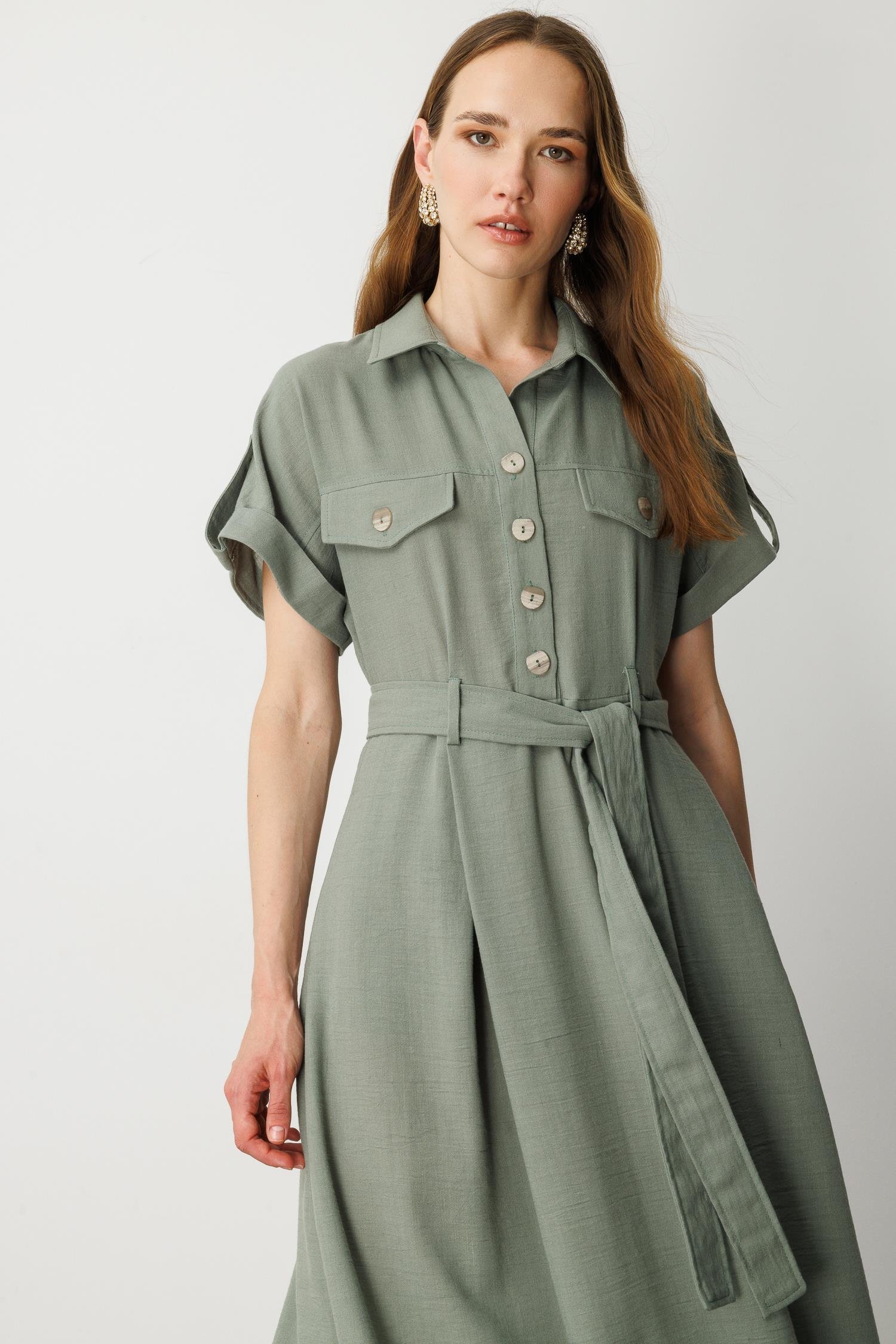 Kuşak Detaylı Keten Görünüm Elbise-ÇAĞLA