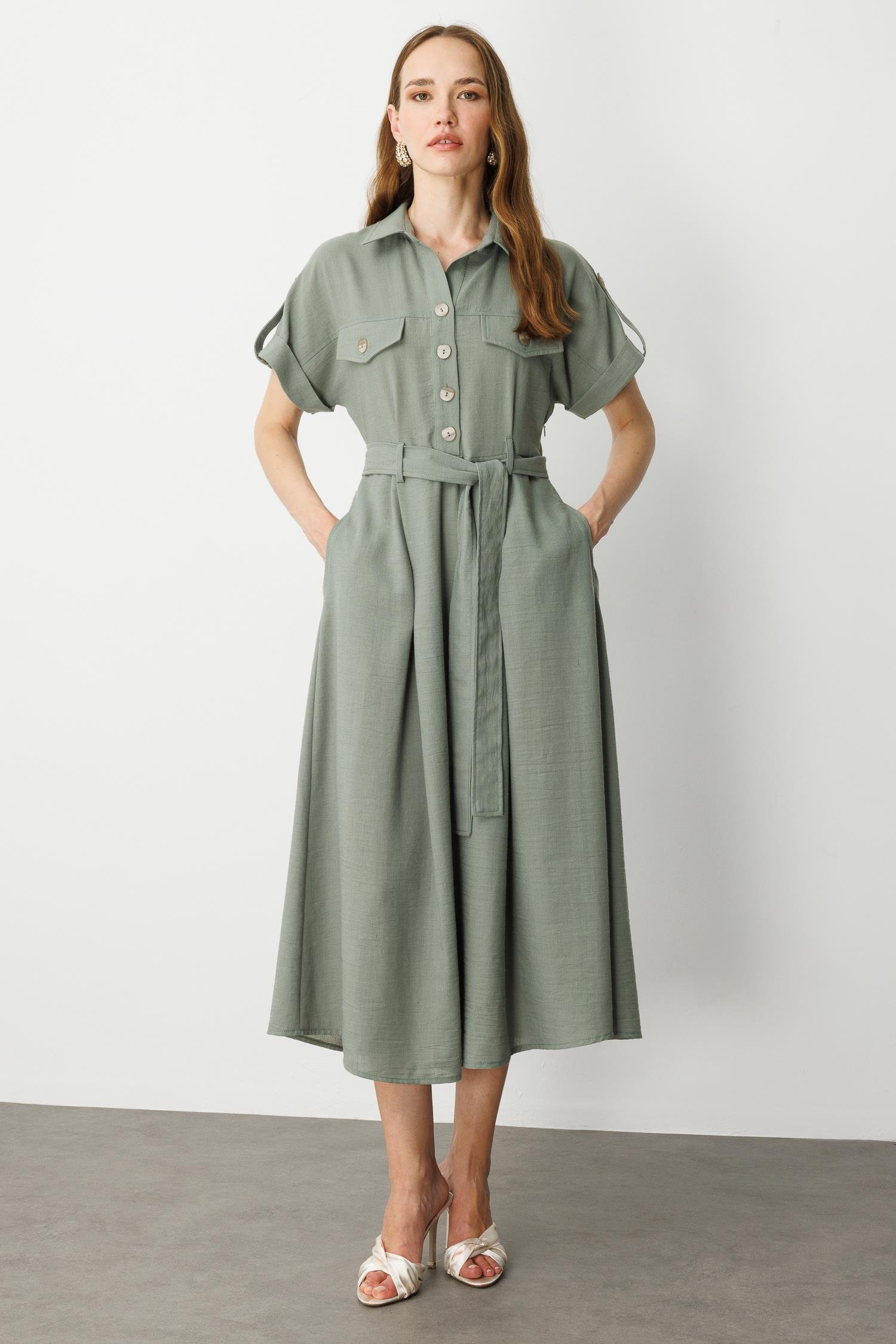 Kuşak Detaylı Keten Görünüm Elbise-ÇAĞLA