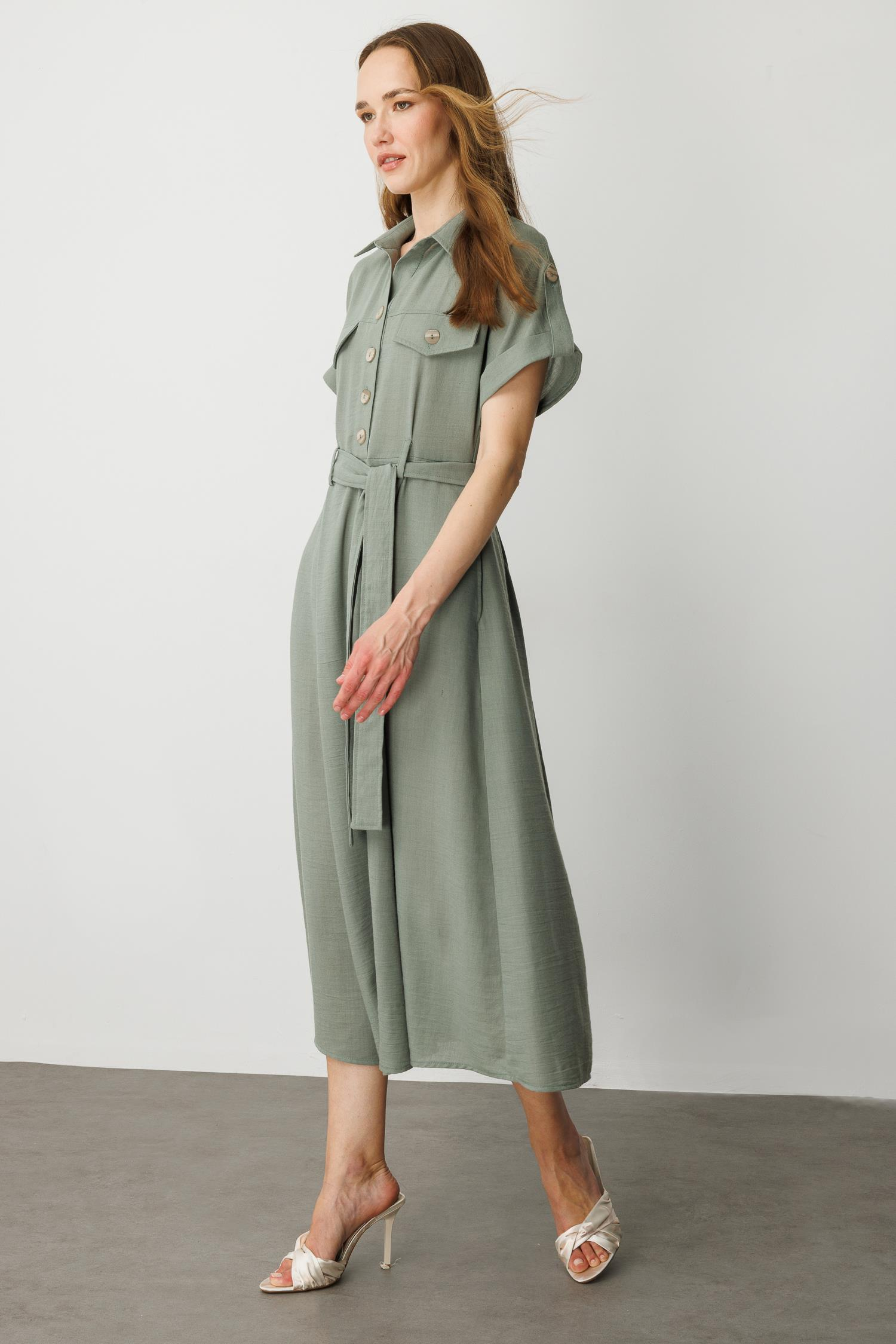 Kuşak Detaylı Keten Görünüm Elbise-ÇAĞLA