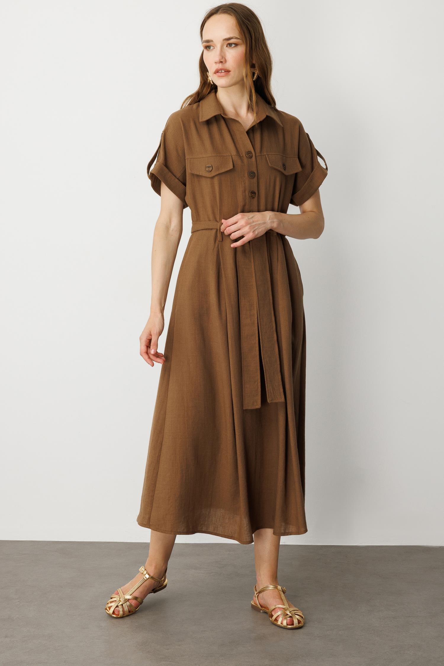 Kuşak Detaylı Keten Görünüm Elbise-KAHVE