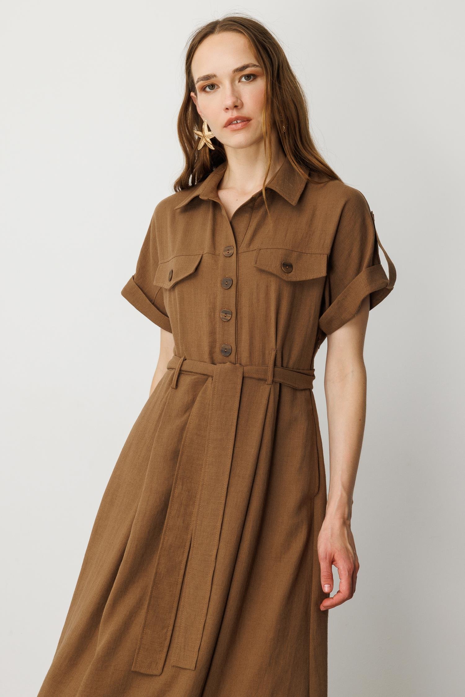 Kuşak Detaylı Keten Görünüm Elbise-KAHVE