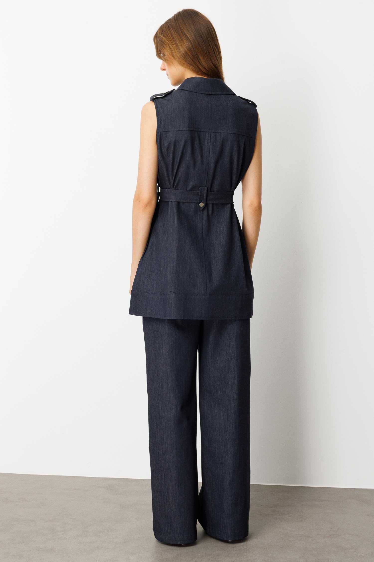 Kuşak Detaylı Kot Yelek-LACI