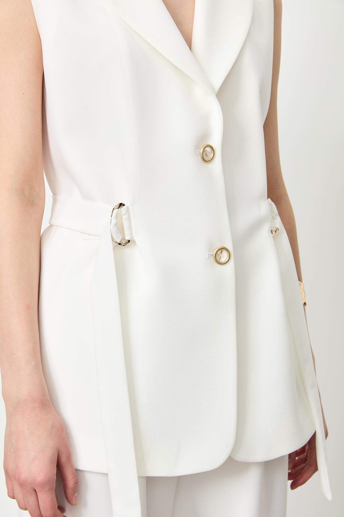 Kuşak Detaylı Krep Yelek-KEMIK