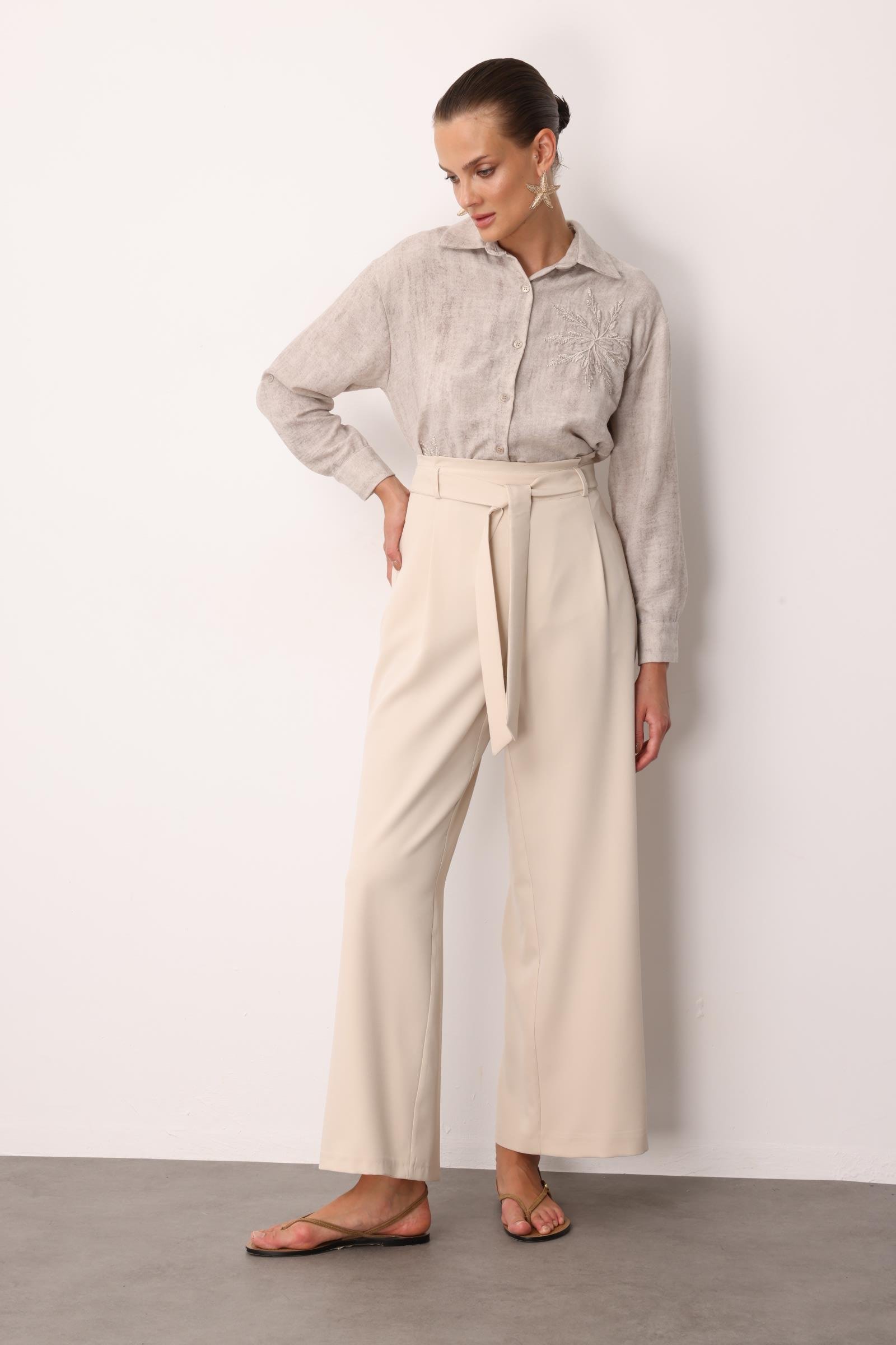 Kuşak Detaylı Pantolon-TAŞ