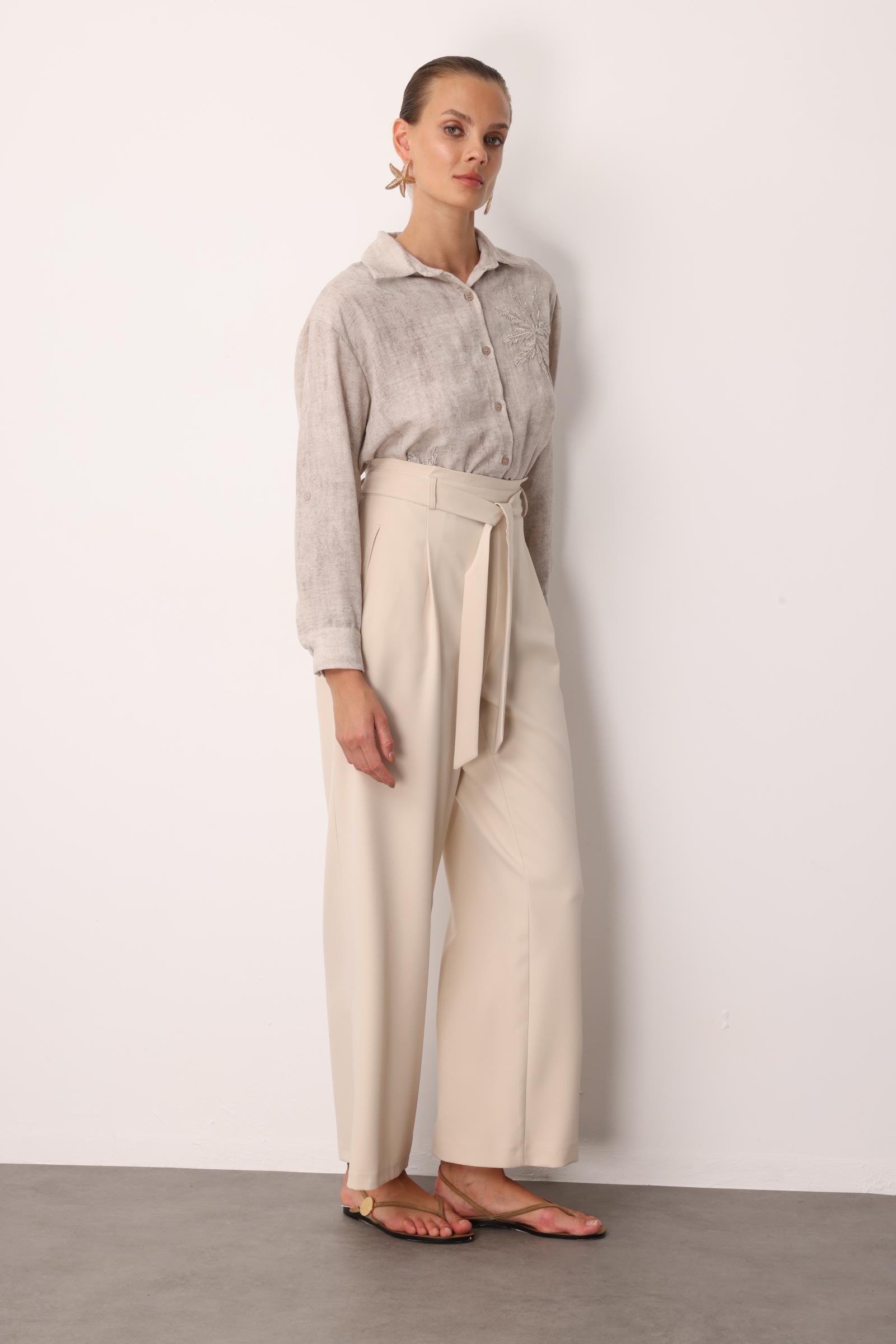 Kuşak Detaylı Pantolon-TAŞ