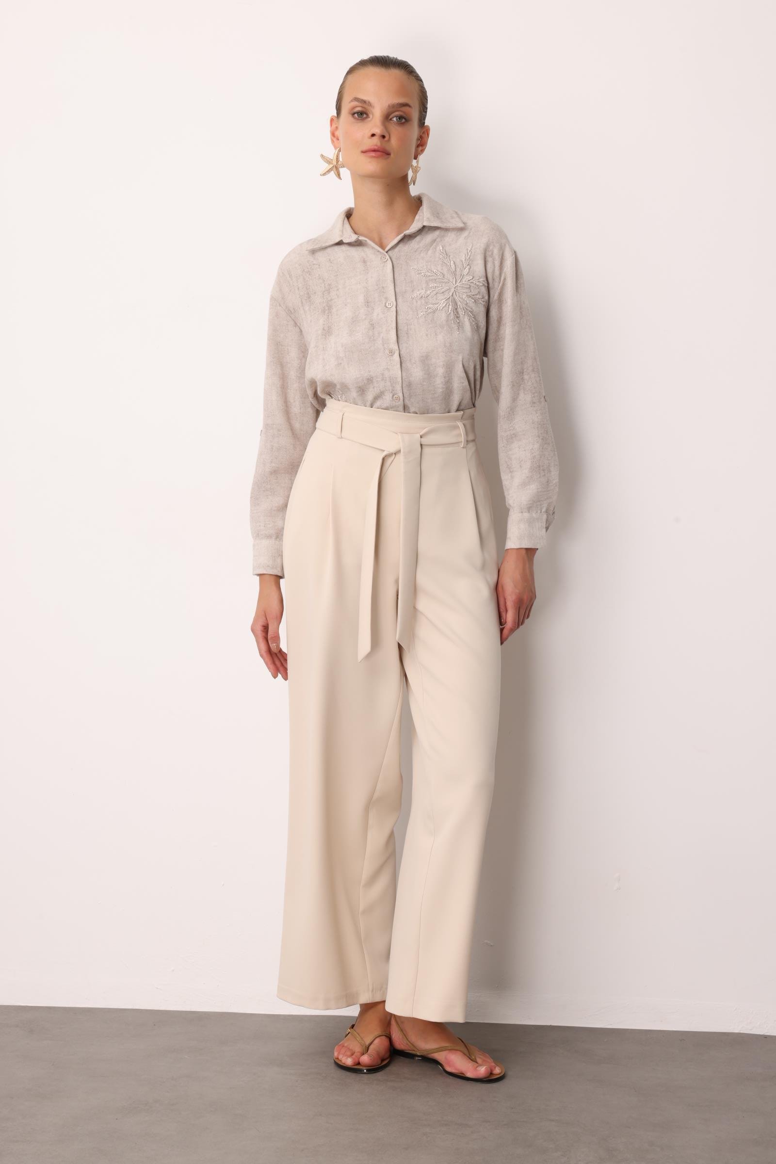 Kuşak Detaylı Pantolon-TAŞ