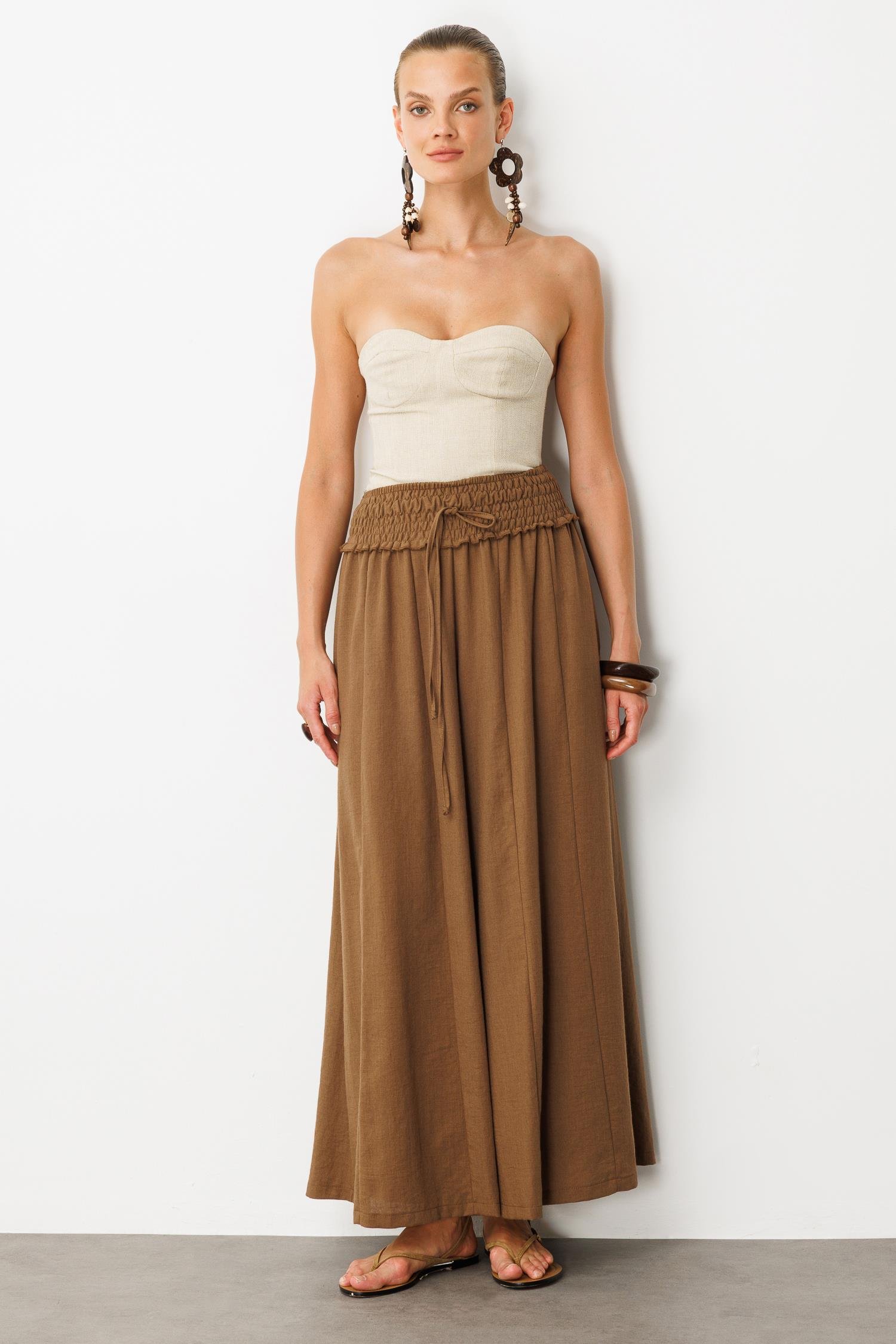 Lastik Bel Geniş Paça Pantolon-KAHVE