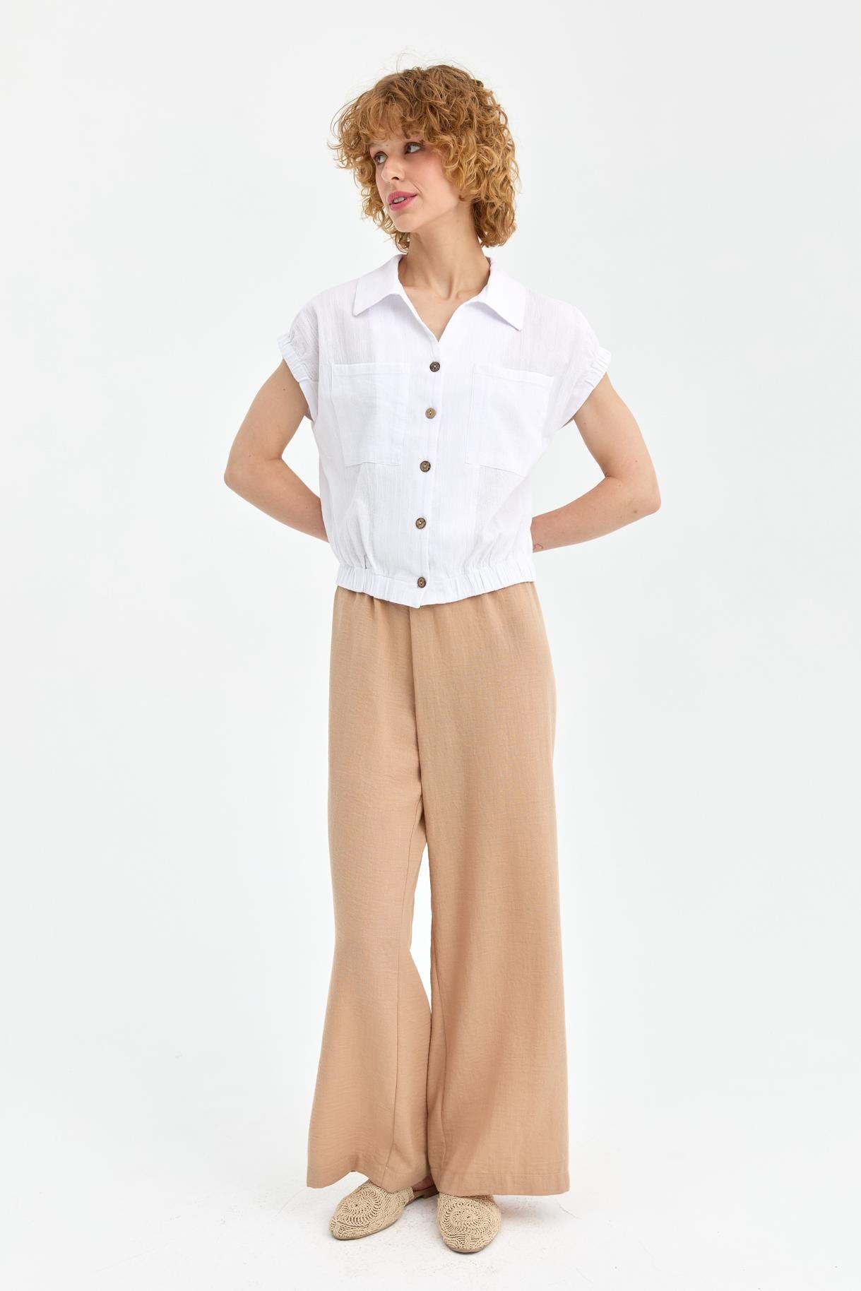 Lastik Detaylı Şile Bezi Gömlek - BEYAZ