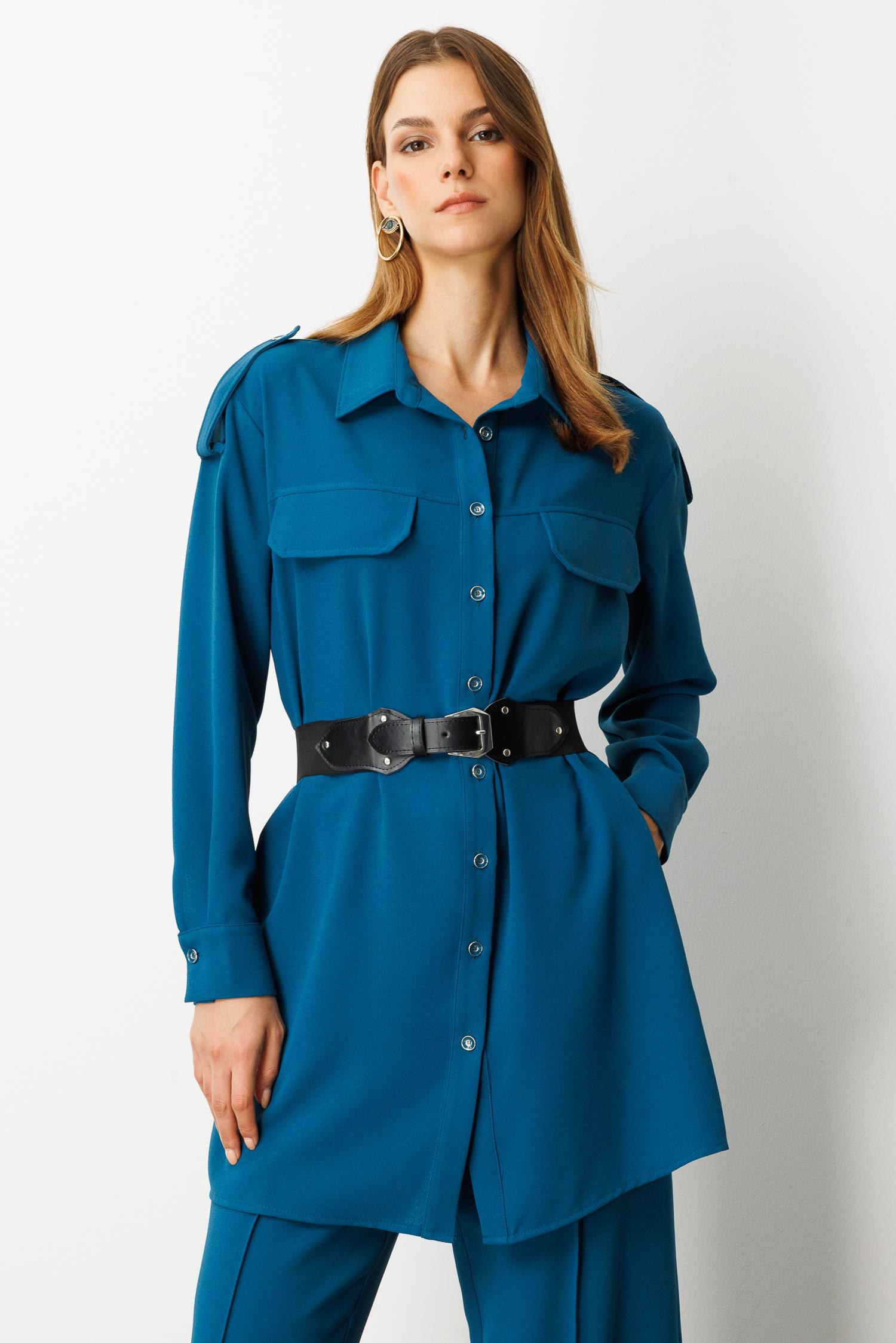 Lastik Kemer Detaylı Krep Tunik Gömlek-PETROL