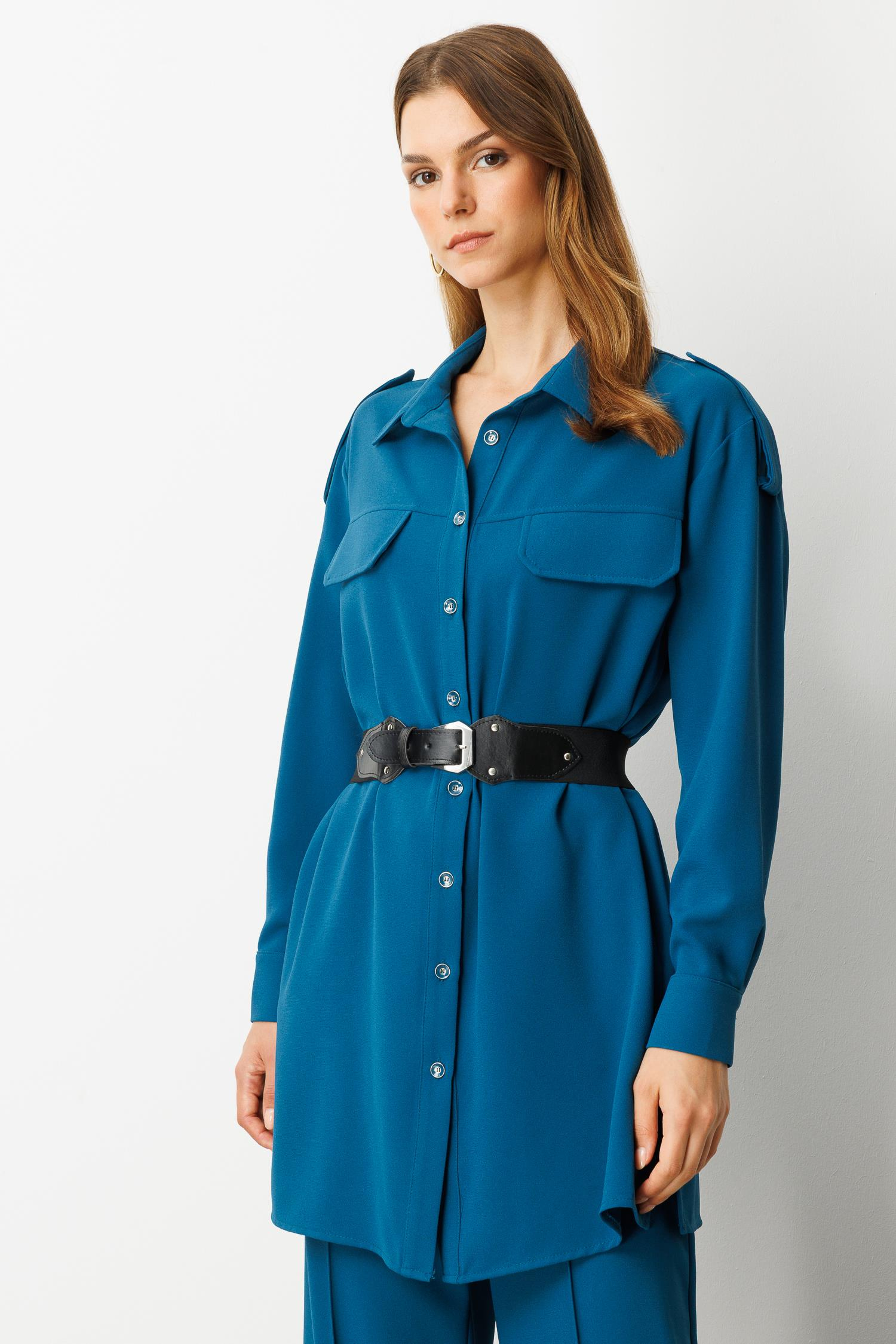 Lastik Kemer Detaylı Krep Tunik Gömlek-PETROL