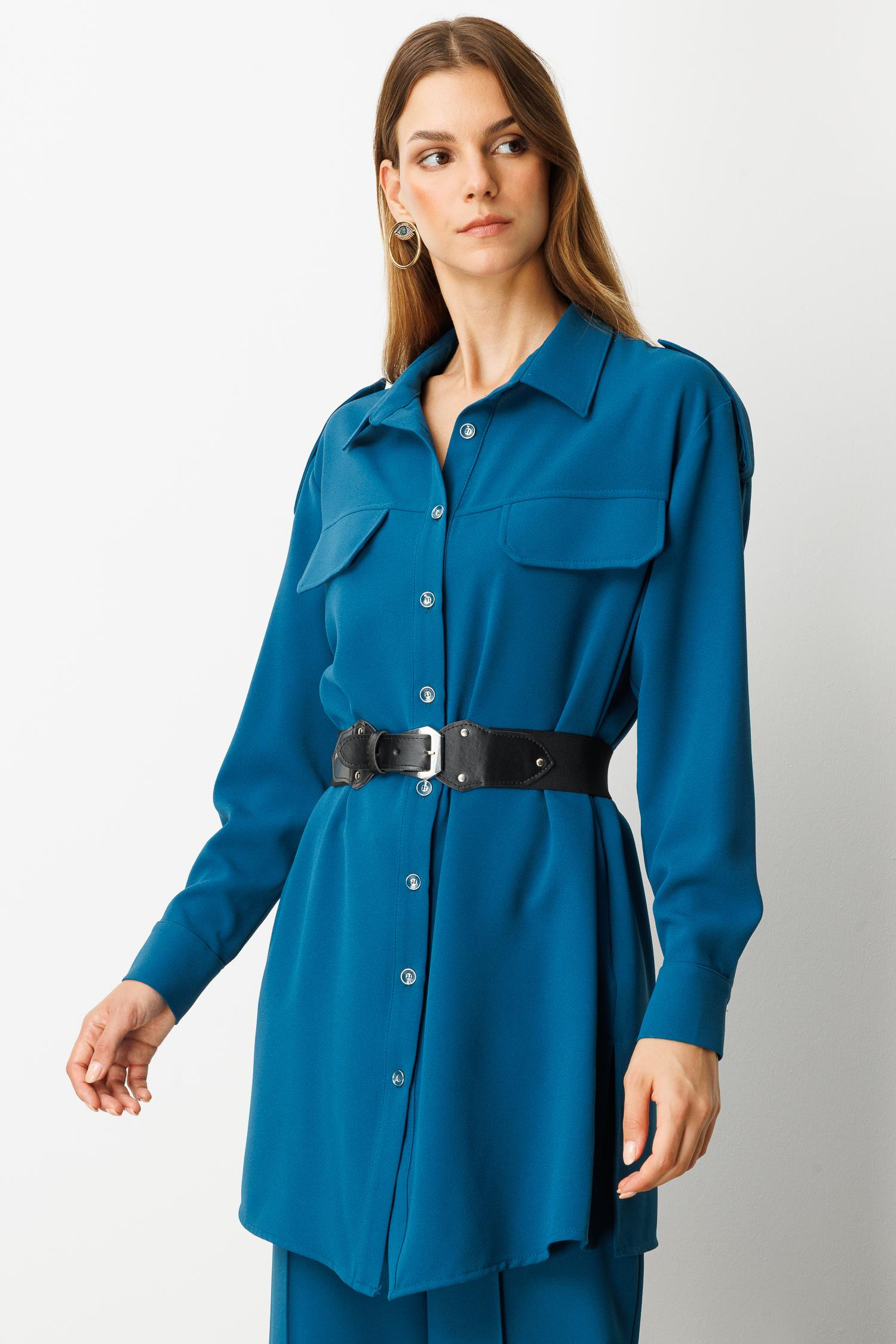 Lastik Kemer Detaylı Krep Tunik Gömlek-PETROL