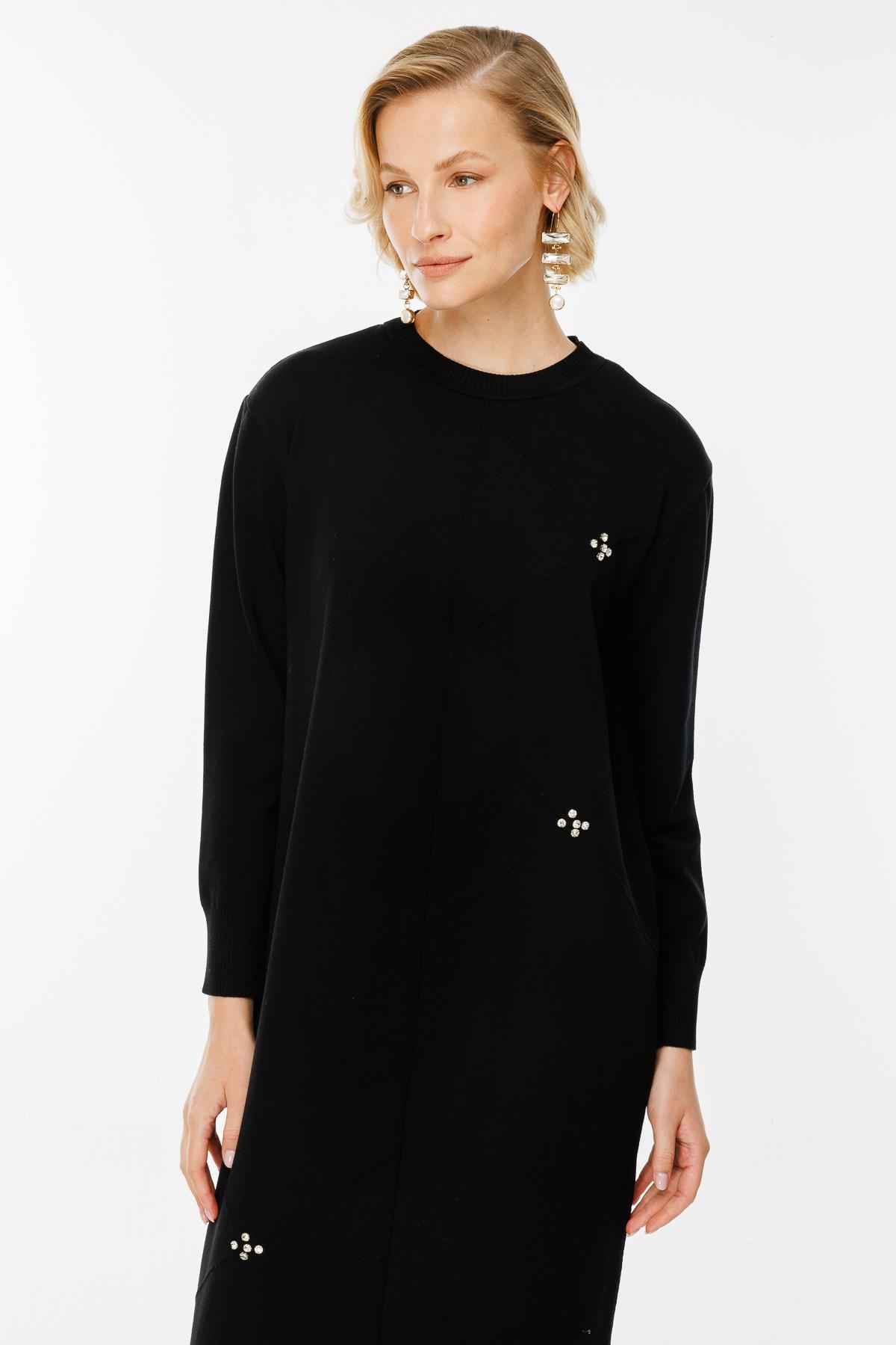 Lazer Desen Triko Elbise - SİYAH