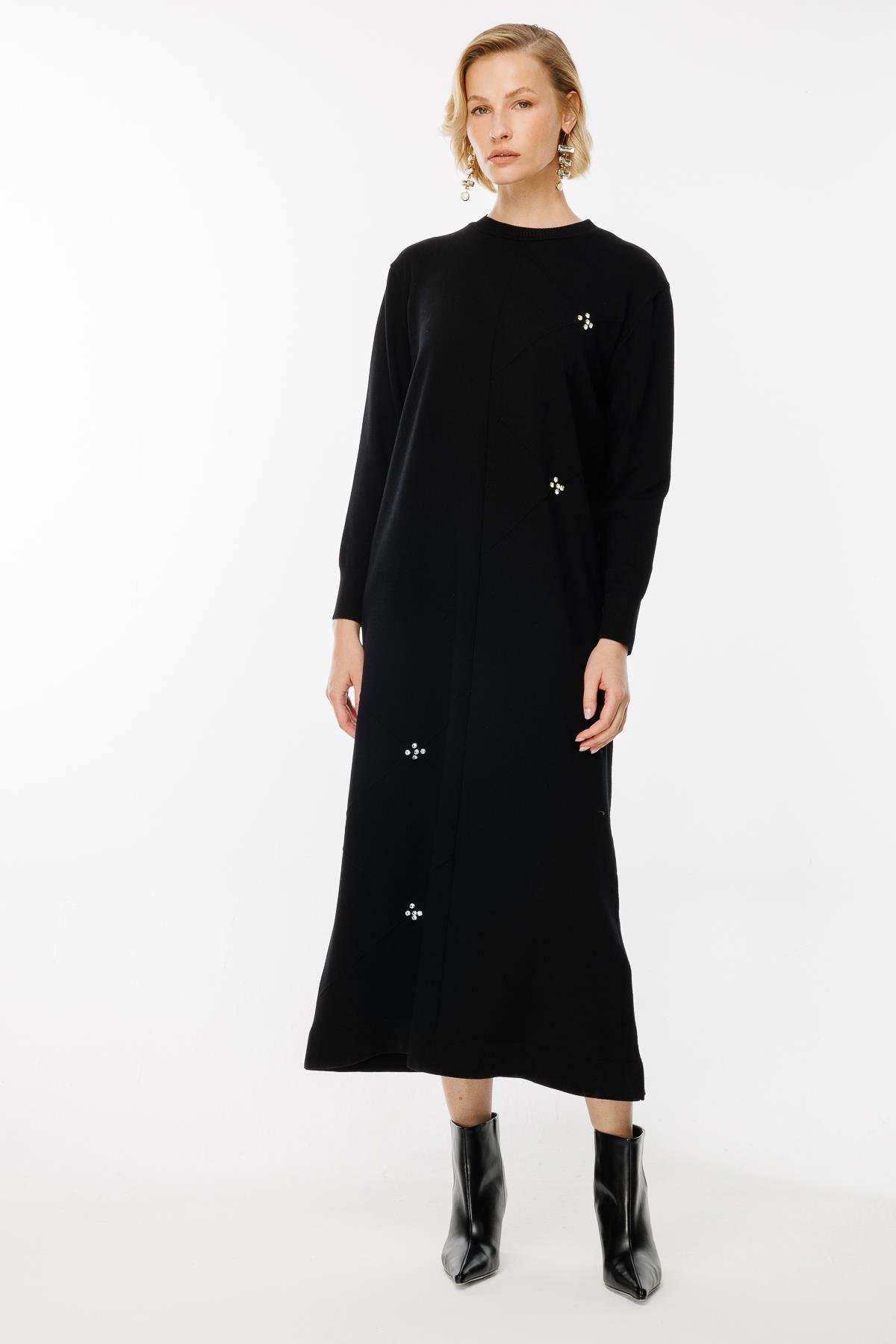 Lazer Desen Triko Elbise - SİYAH