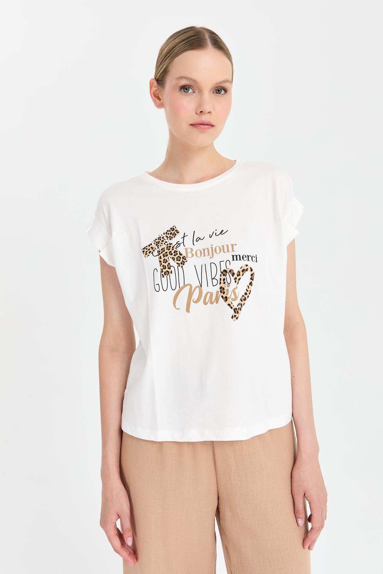 Leopar Baskı Desenli Tişört - EKRU