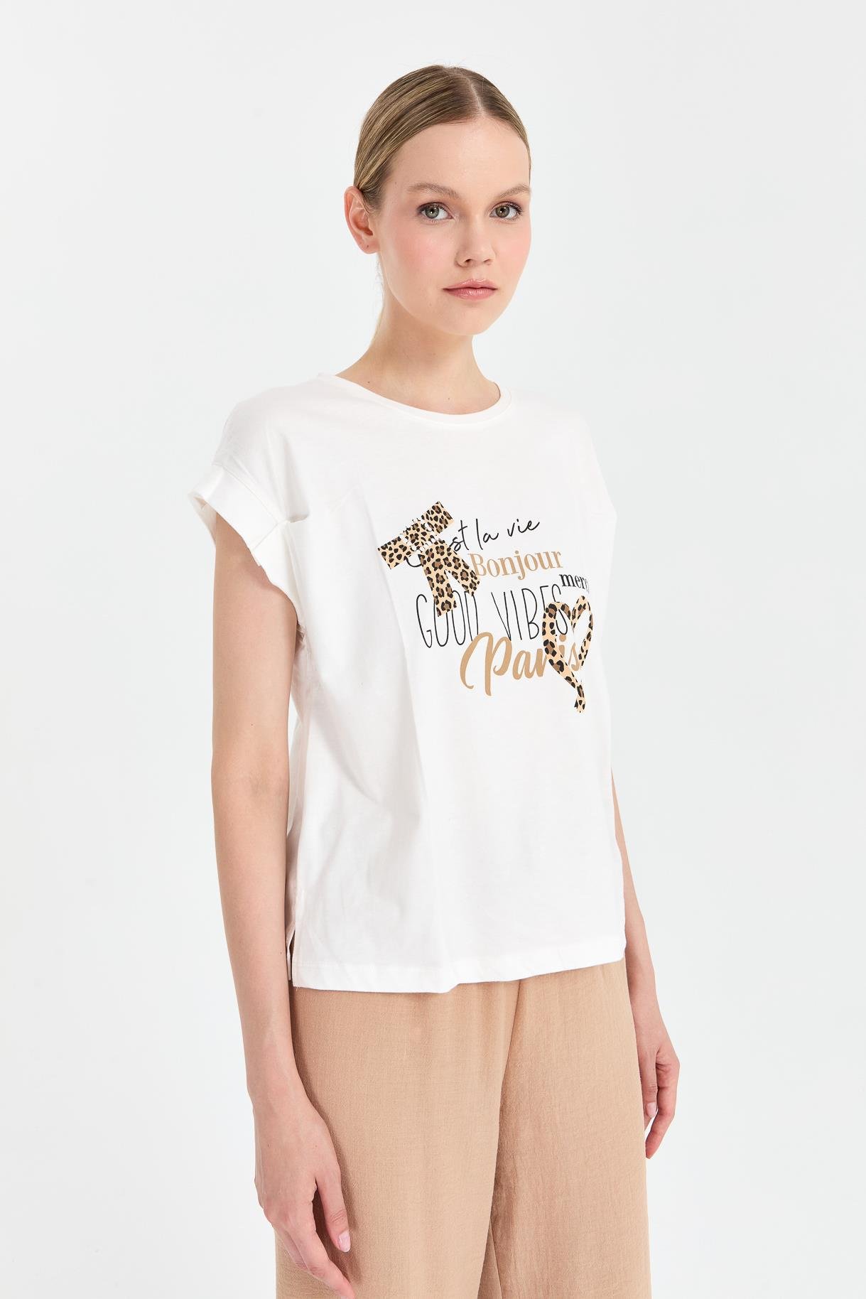 Leopar Baskı Desenli Tişört - EKRU