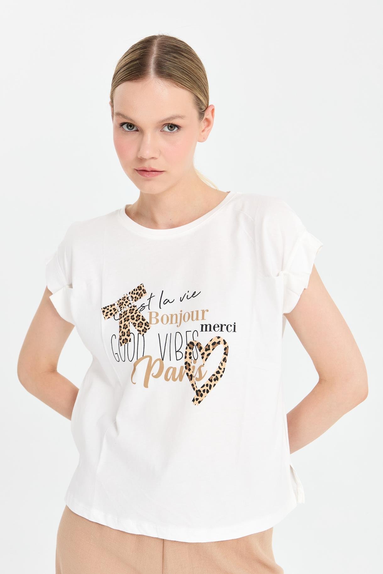 Leopar Baskı Desenli Tişört - EKRU