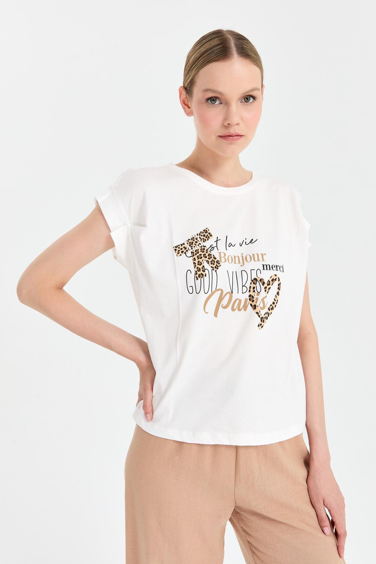 Leopar Baskı Desenli Tişört - EKRU
