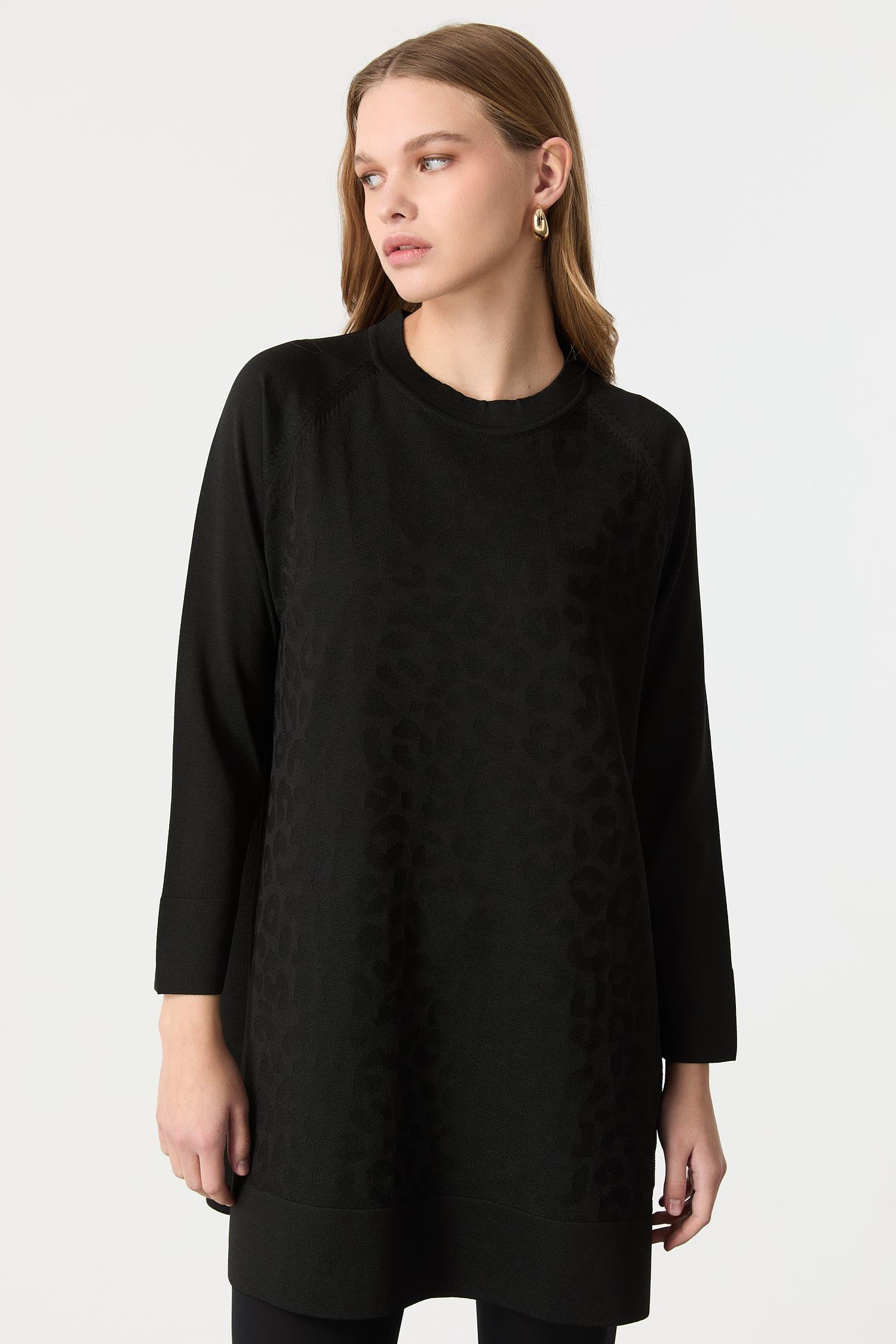 Leopar Desen Triko Tunik-SİYAH