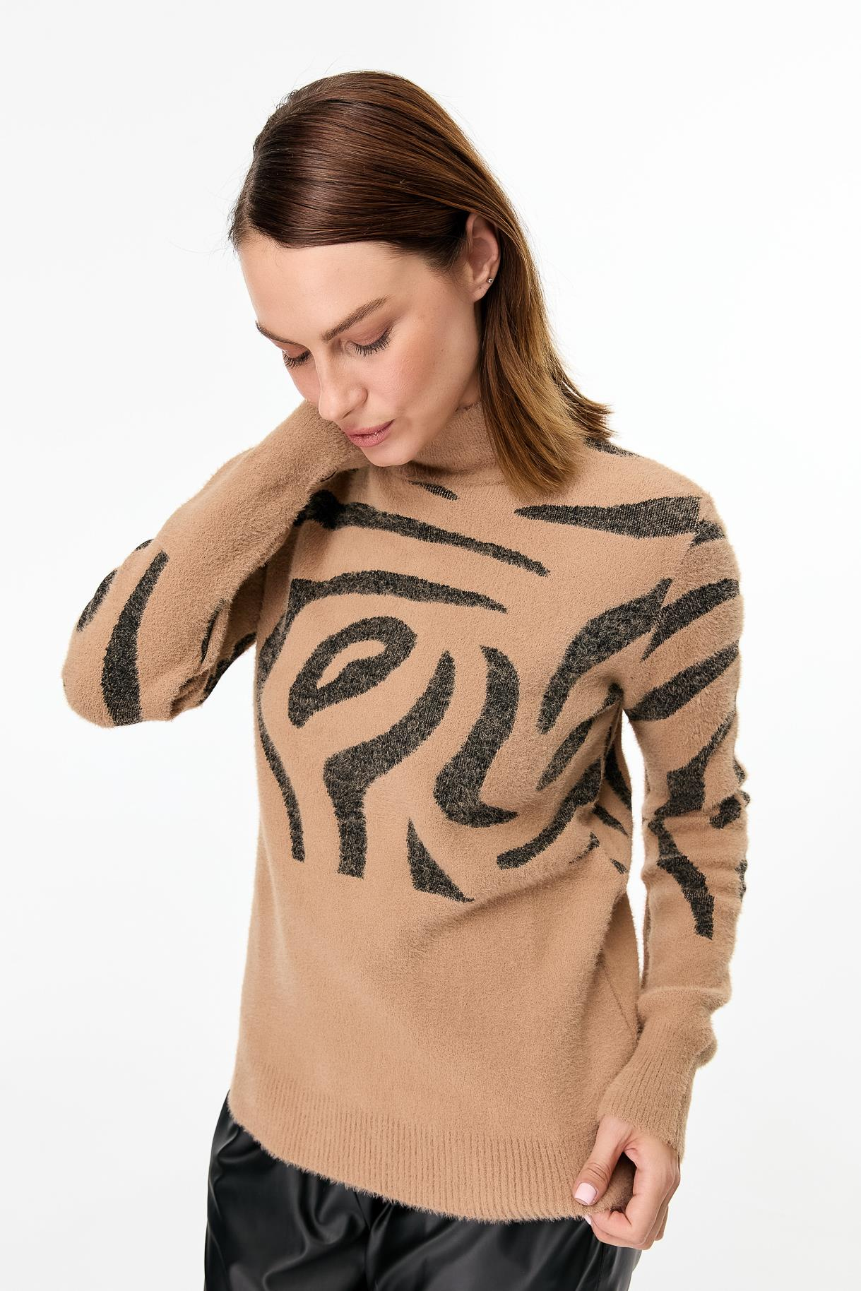Leopar Desenli Triko Kazak - CAMEL