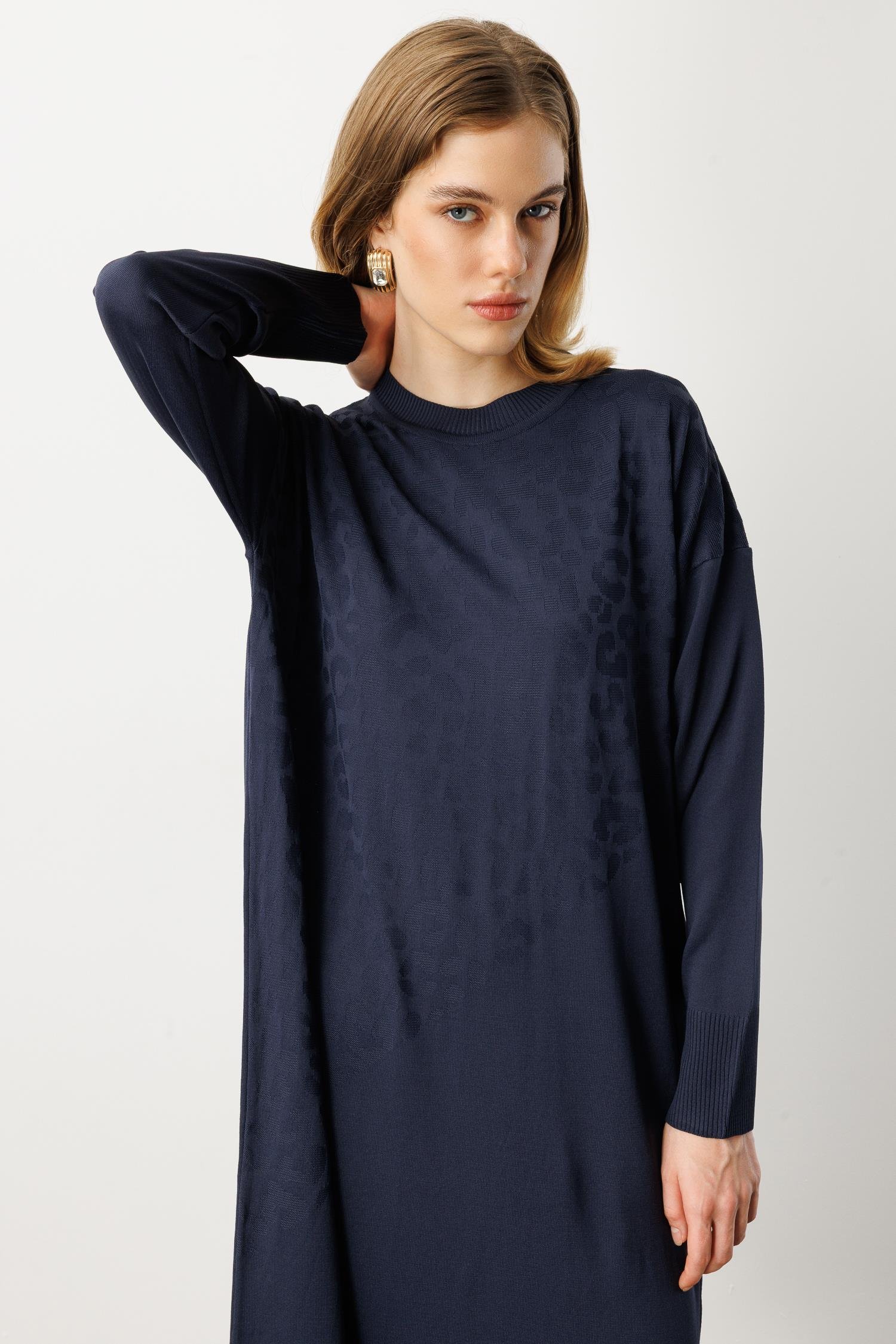 Leopar Desenli Triko Uzun Elbise-LACI