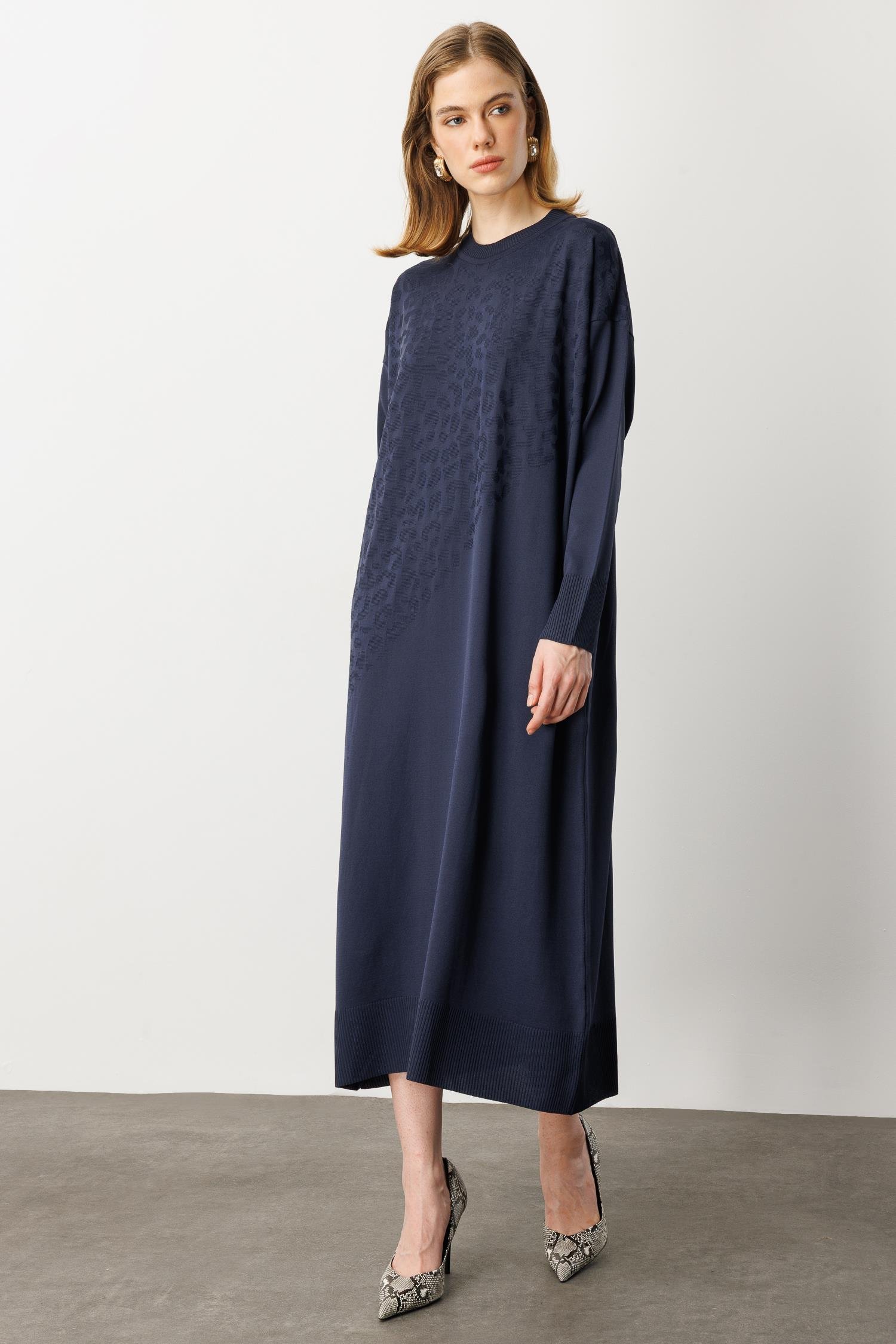 Leopar Desenli Triko Uzun Elbise-LACI