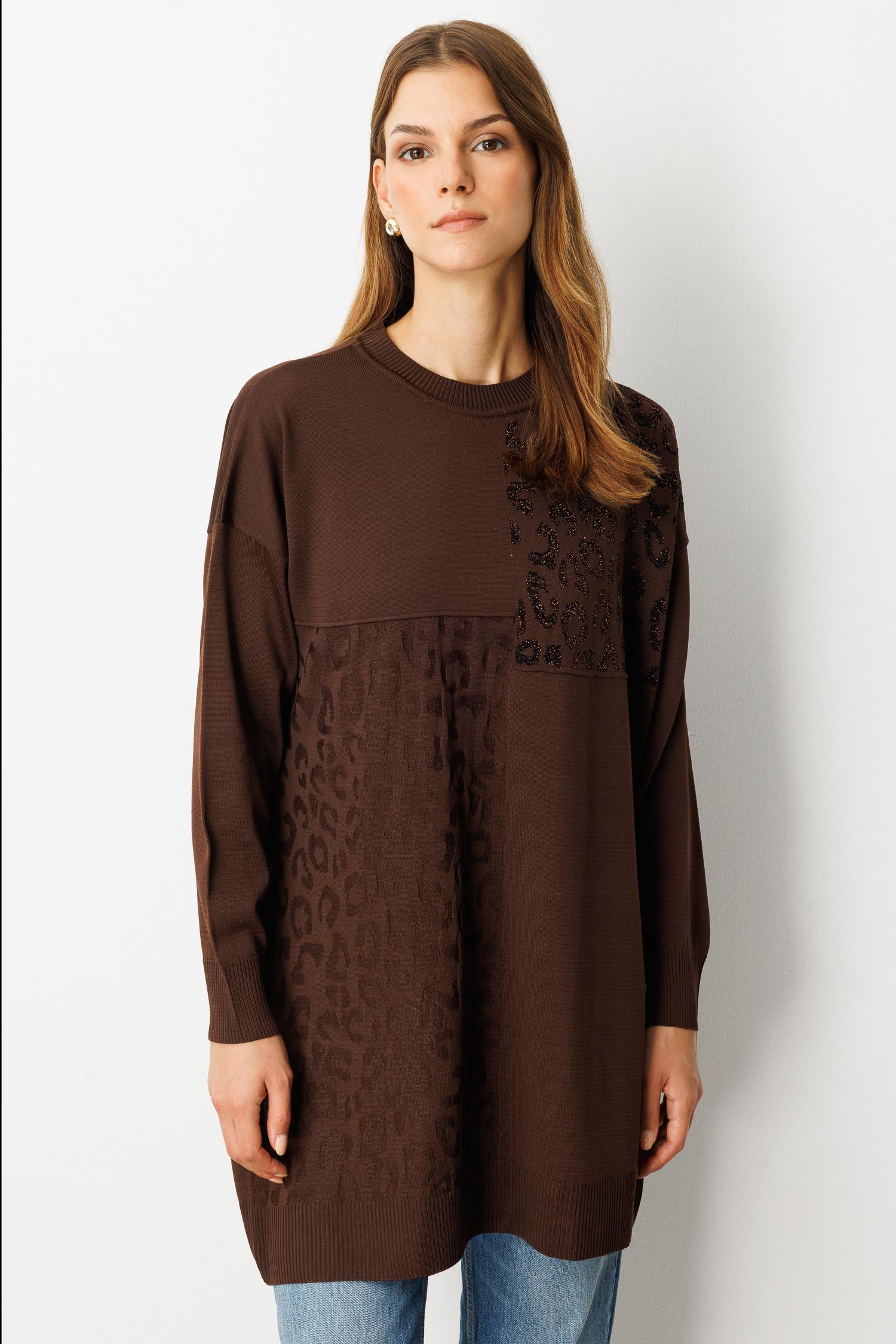 Leopar Kombinli Triko Tunik-KAHVE