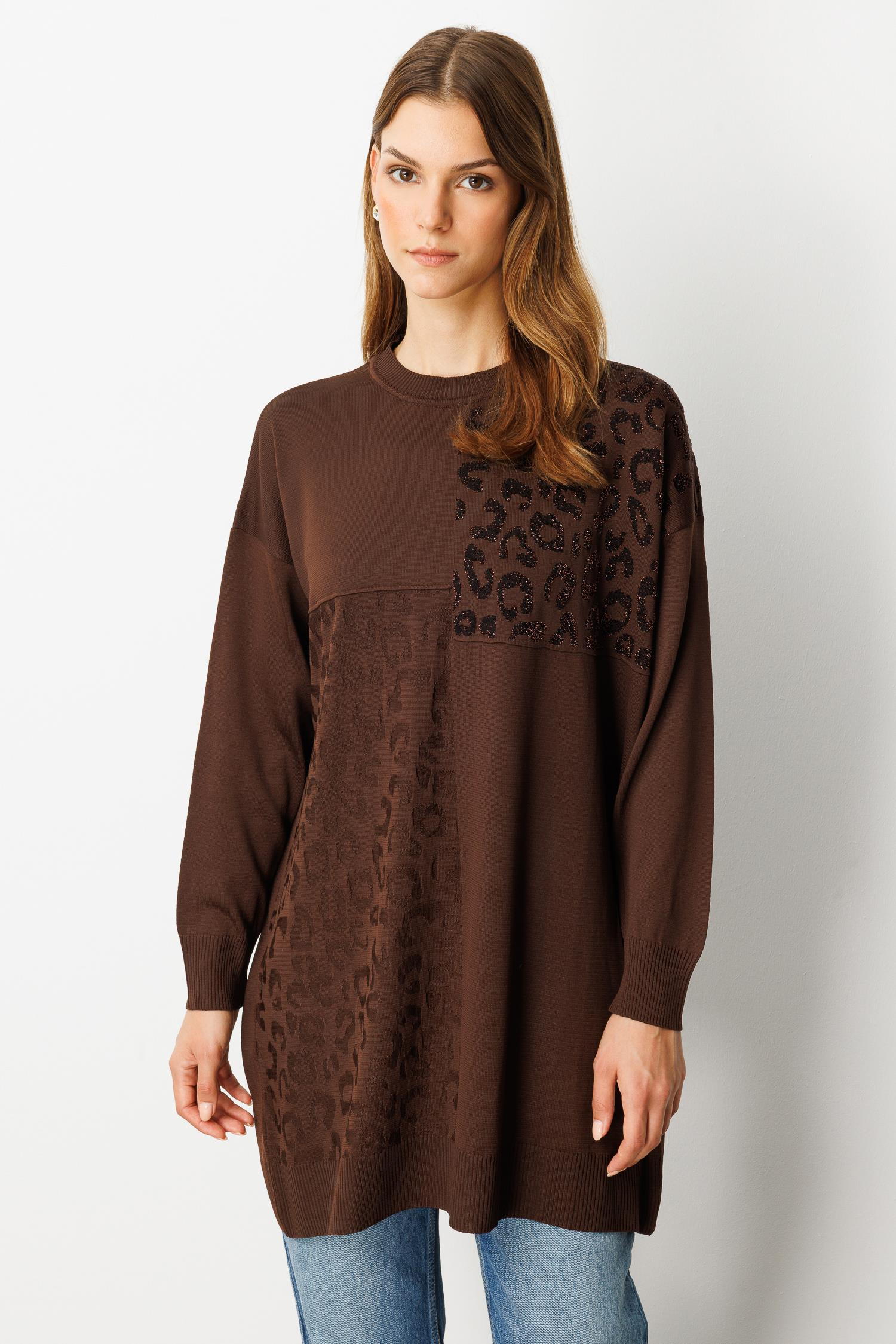 Leopar Kombinli Triko Tunik-KAHVE