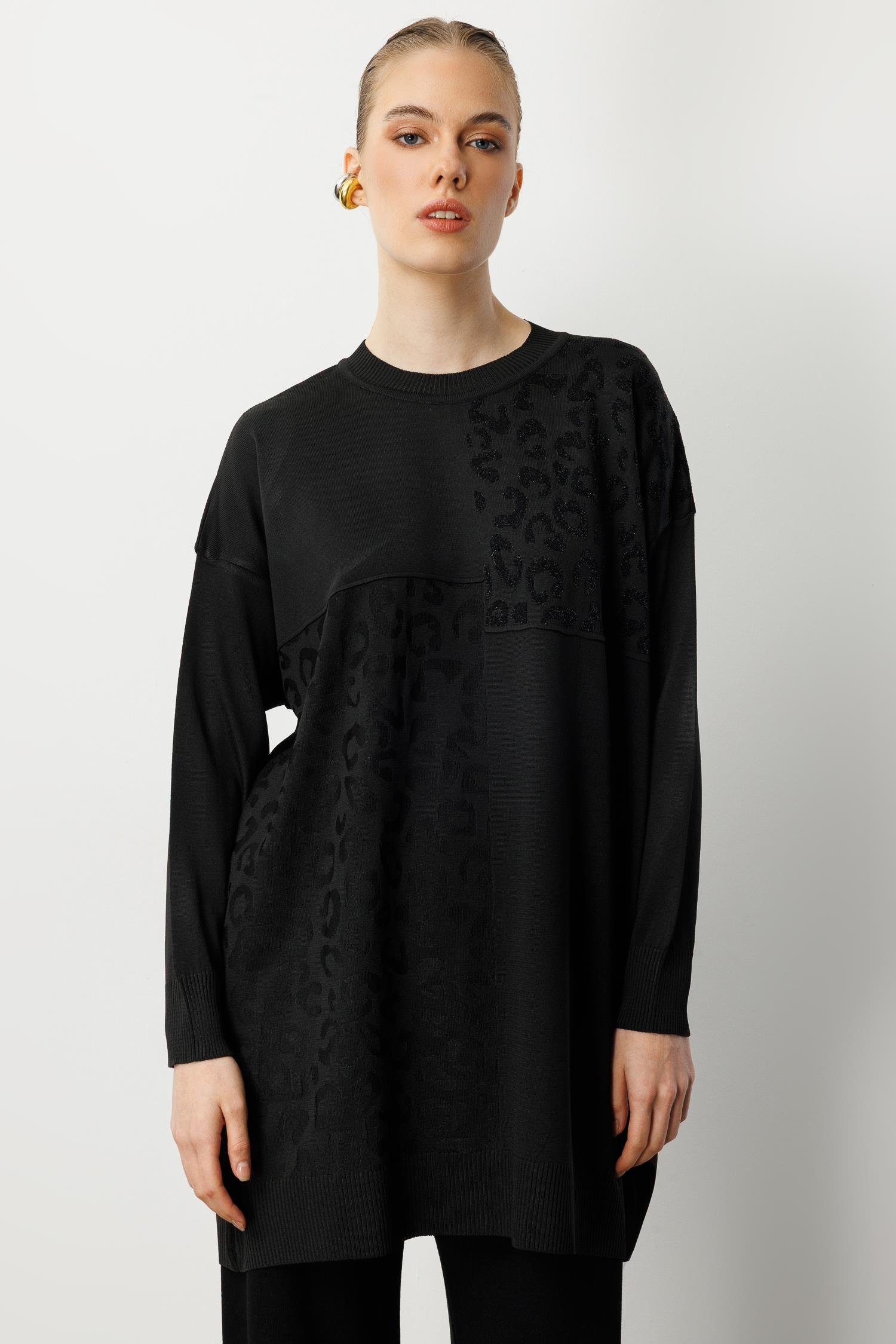 Leopar Kombinli Triko Tunik-SİYAH