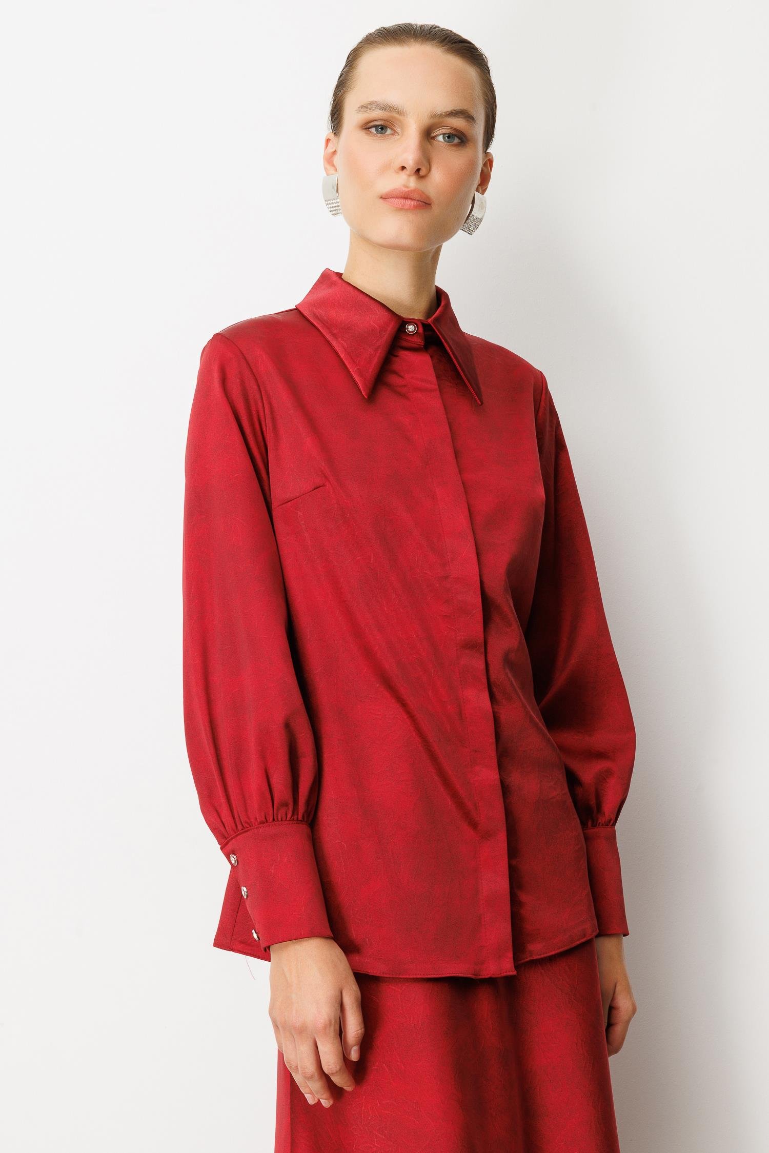 Manşet Detaylı Sivri Yaka Gömlek-BORDO