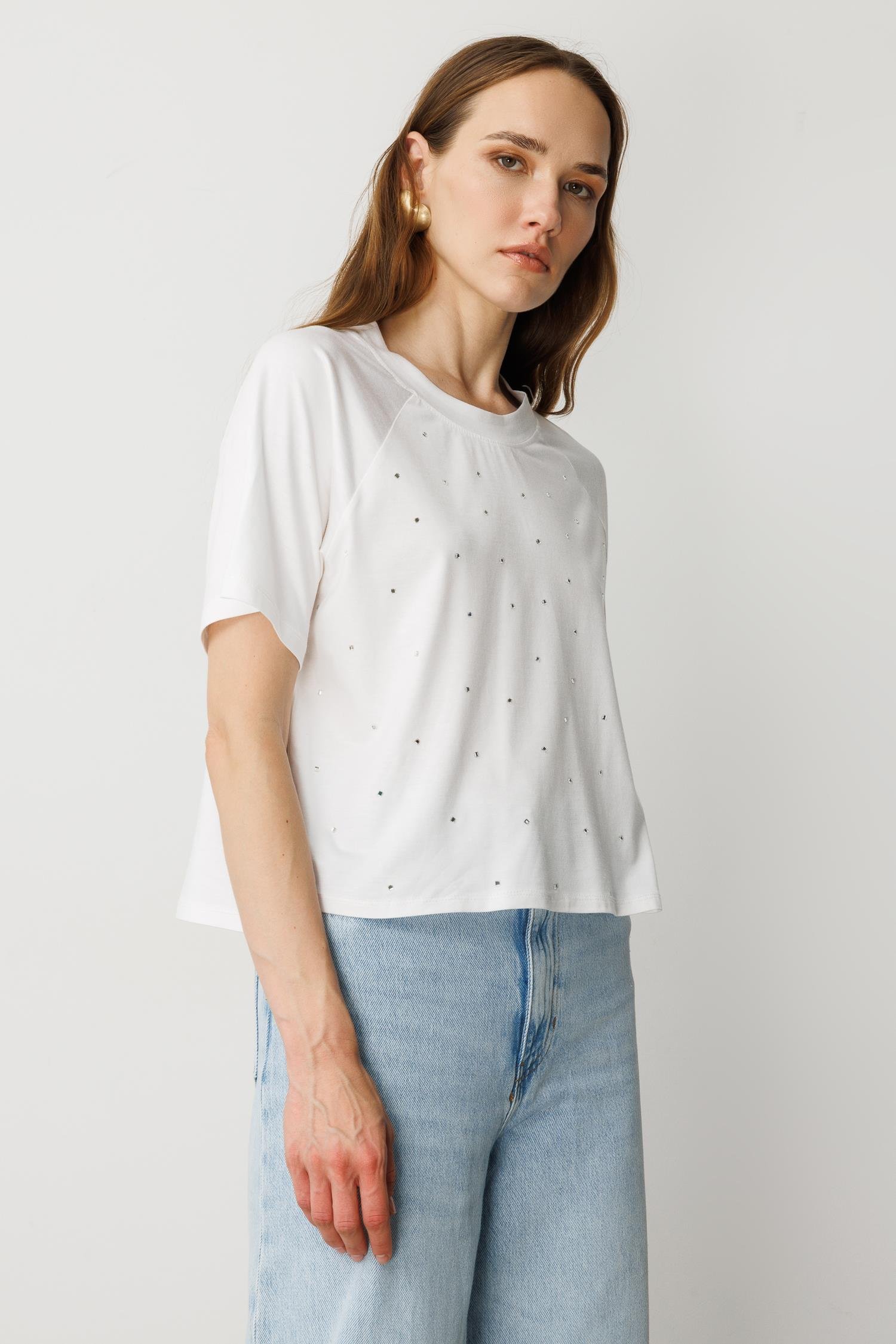 Minik Taş Detaylı Kısa Tişört-KEMIK