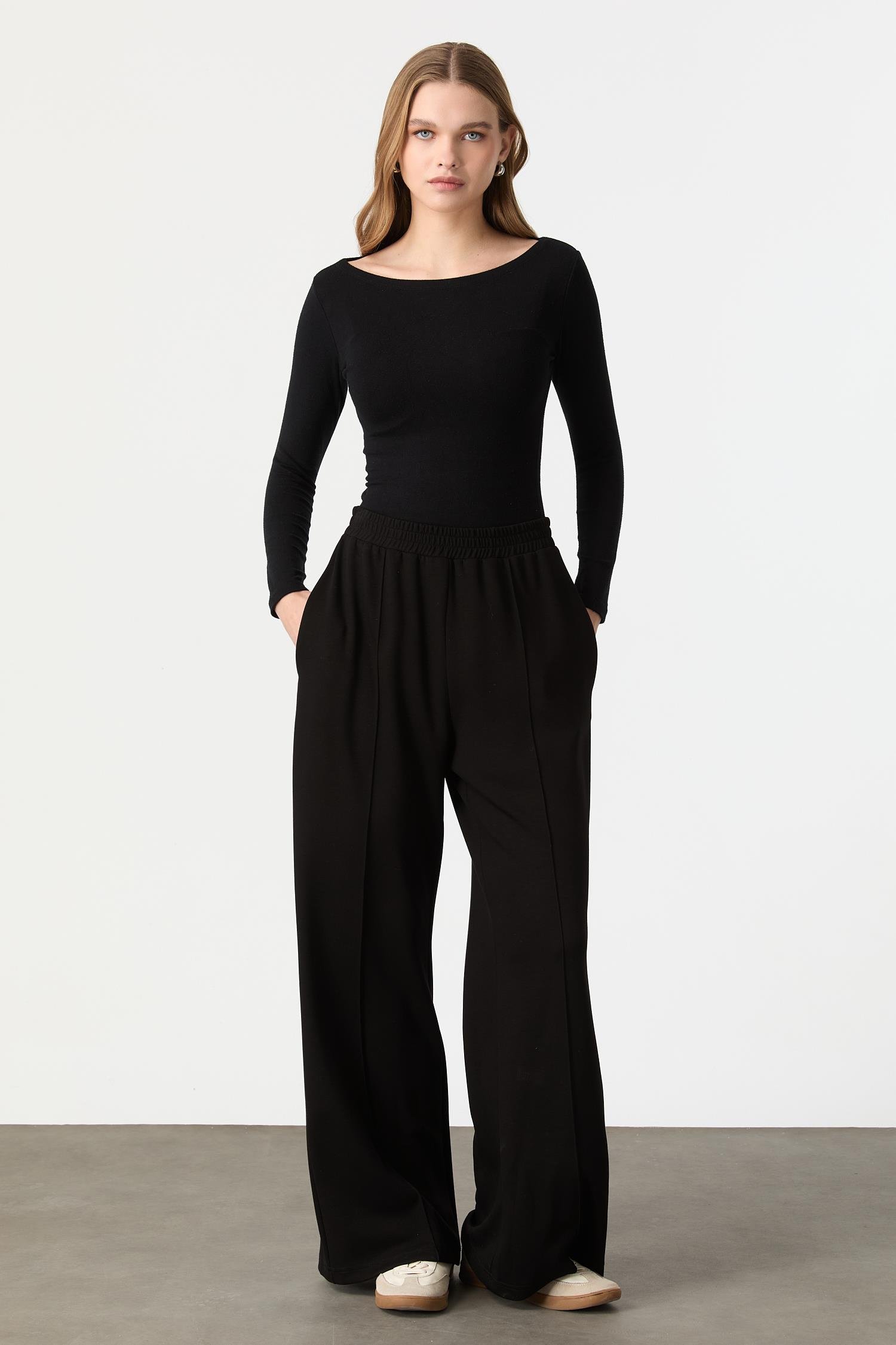 Nervür Detay Bol Paça Modal Pantolon-SİYAH