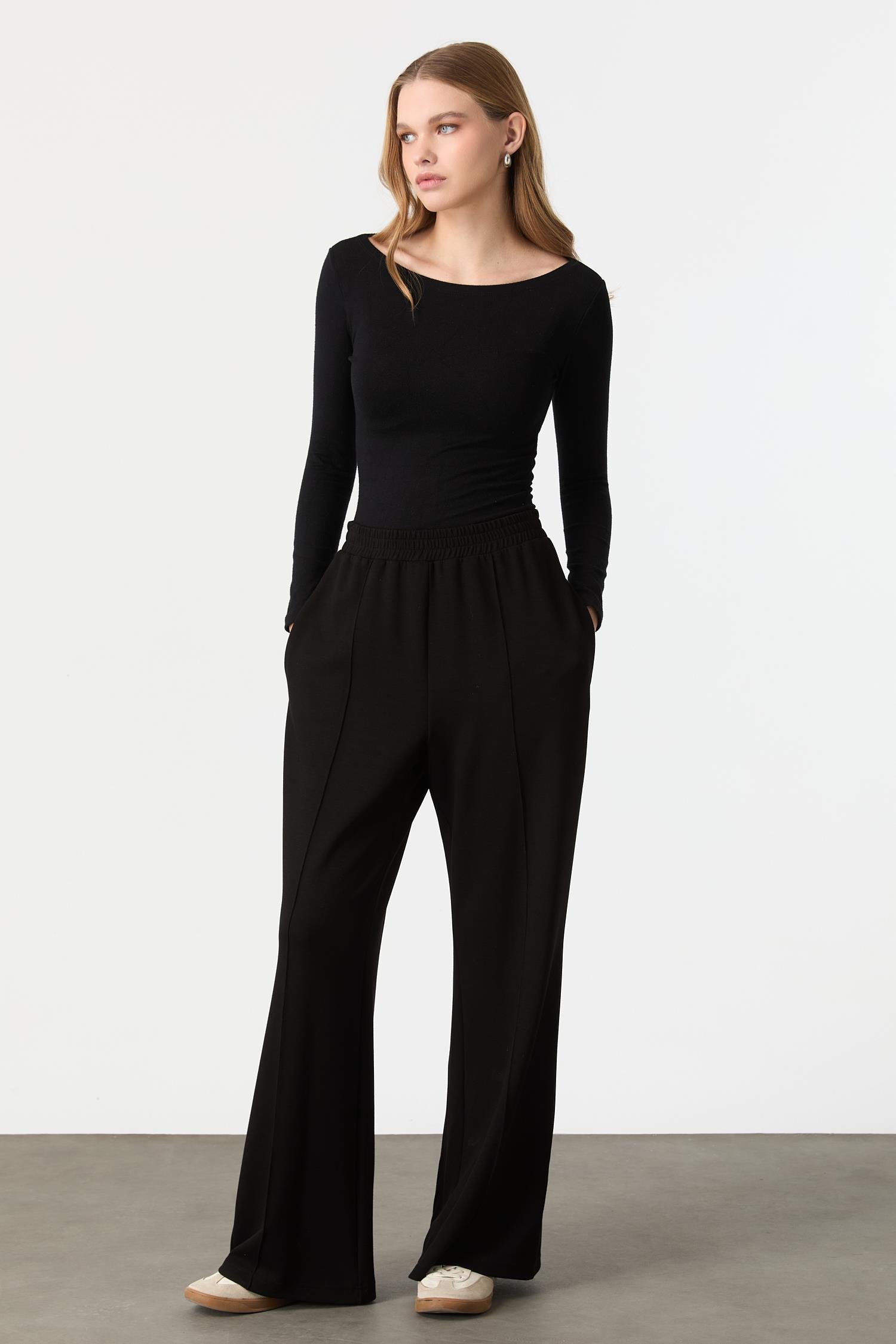 Nervür Detay Bol Paça Modal Pantolon-SİYAH