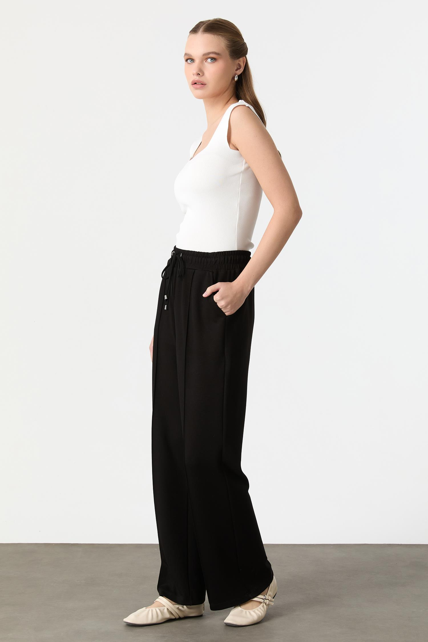 Nervür Detaylı Modal Pantolon-SİYAH