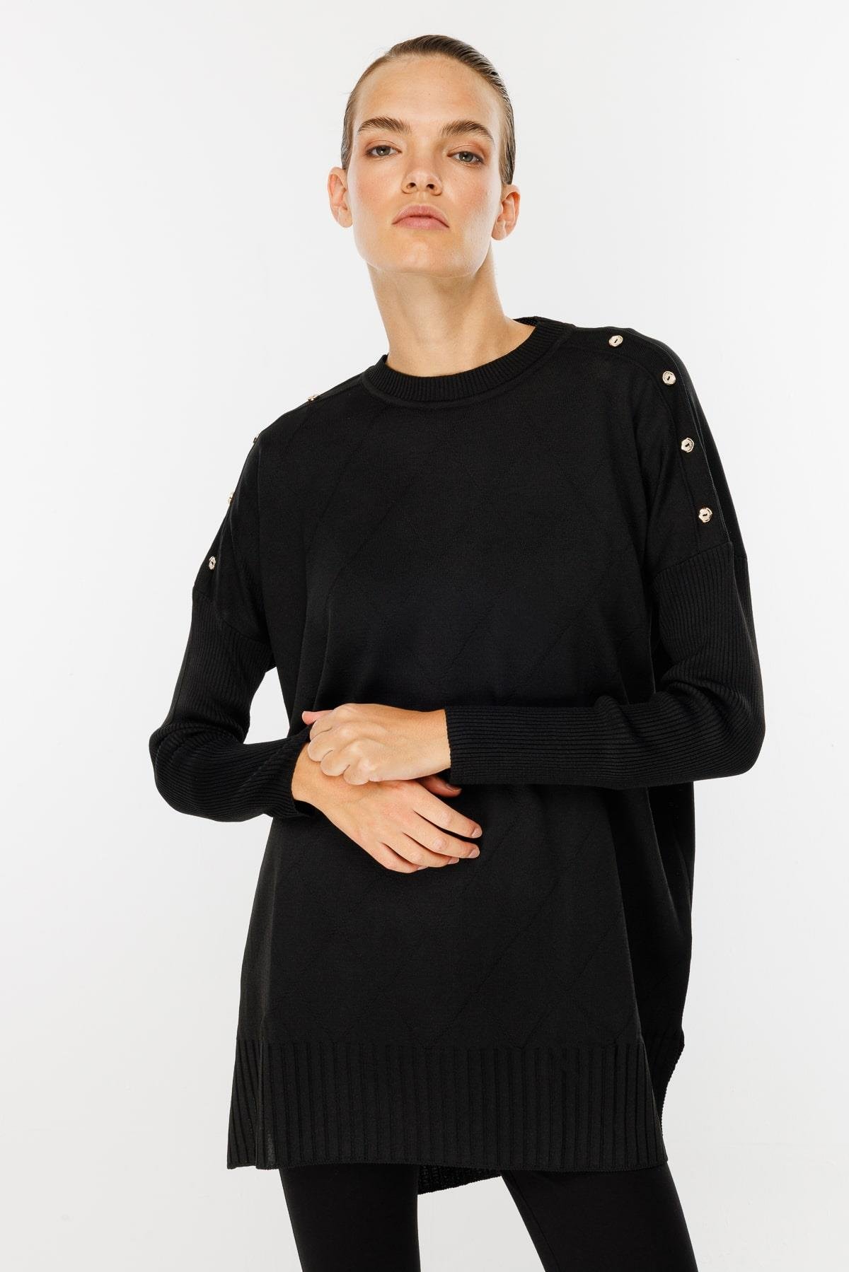 Omuzları Düğmeli Triko Tunik - SİYAH