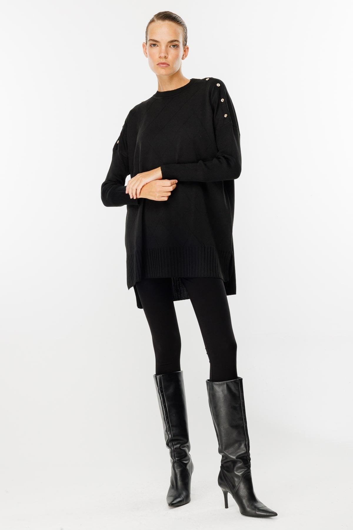 Omuzları Düğmeli Triko Tunik - SİYAH