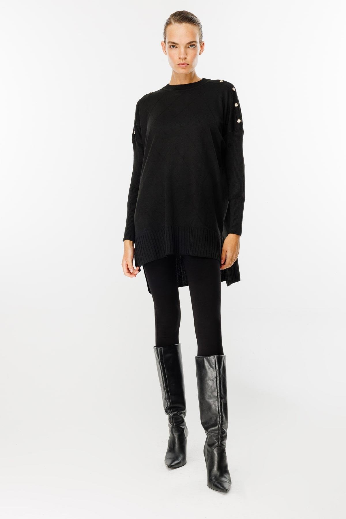 Omuzları Düğmeli Triko Tunik - SİYAH