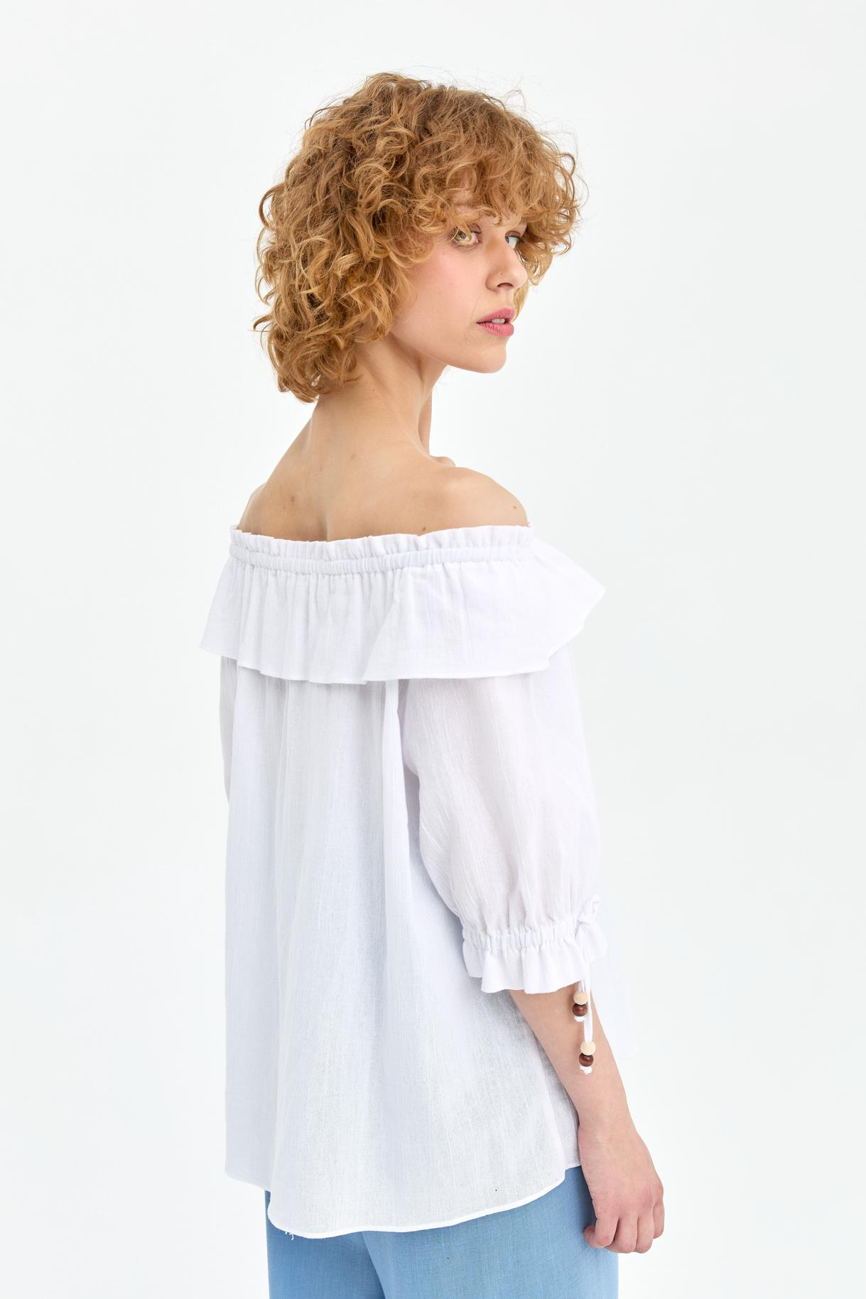 Omuzları Ve Kolları Lastikli Şile Bezi Bluz - BEYAZ