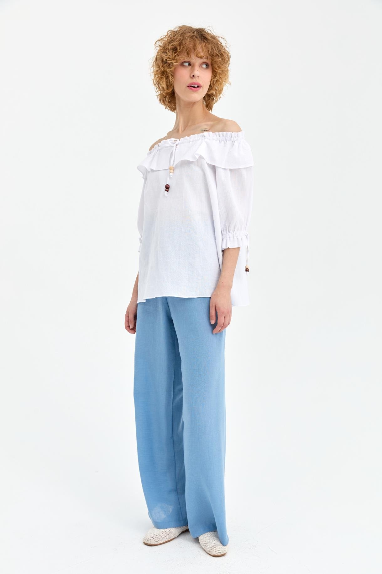 Omuzları Ve Kolları Lastikli Şile Bezi Bluz - BEYAZ