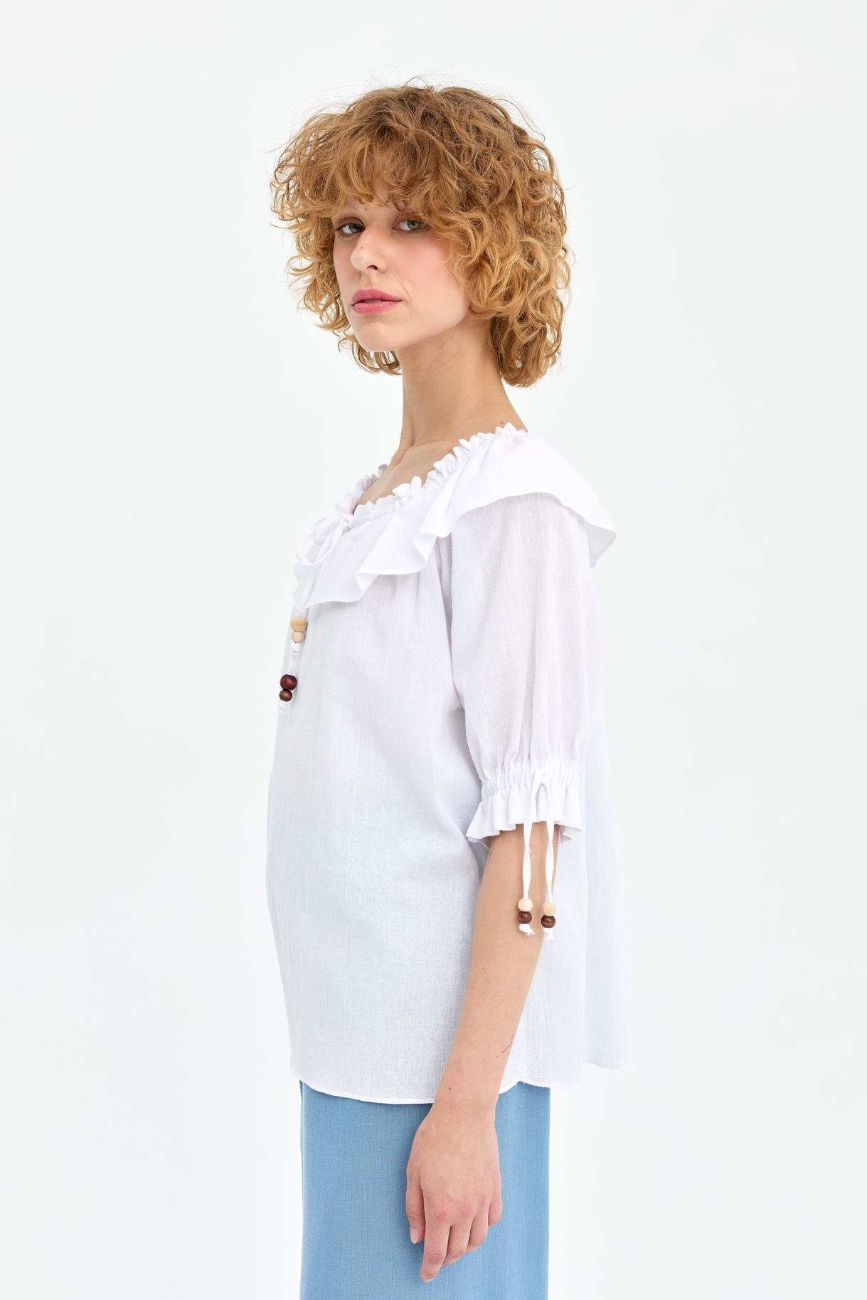 Omuzları Ve Kolları Lastikli Şile Bezi Bluz - BEYAZ