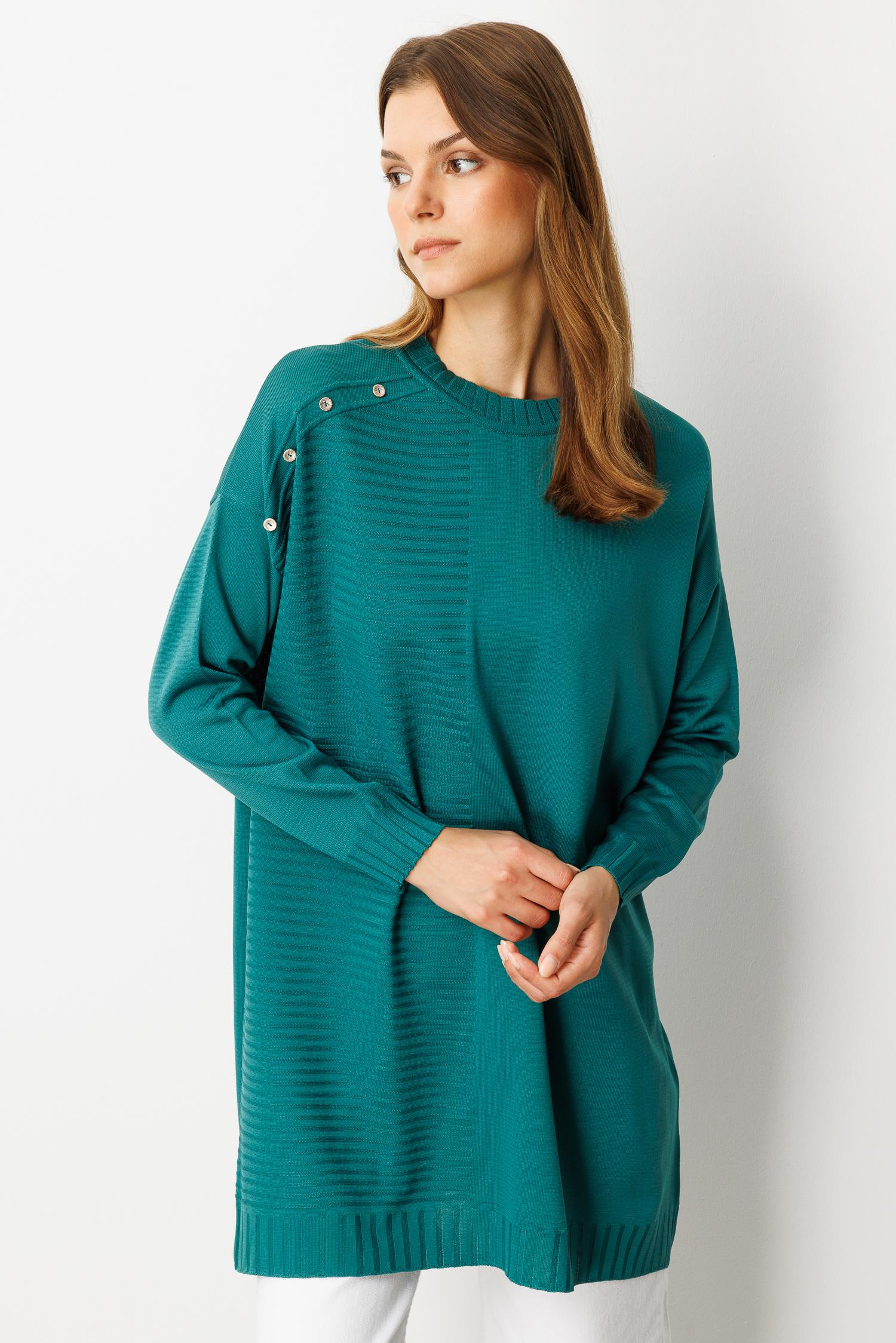 Omzu Düğme Detaylı Triko Tunik-PETROL