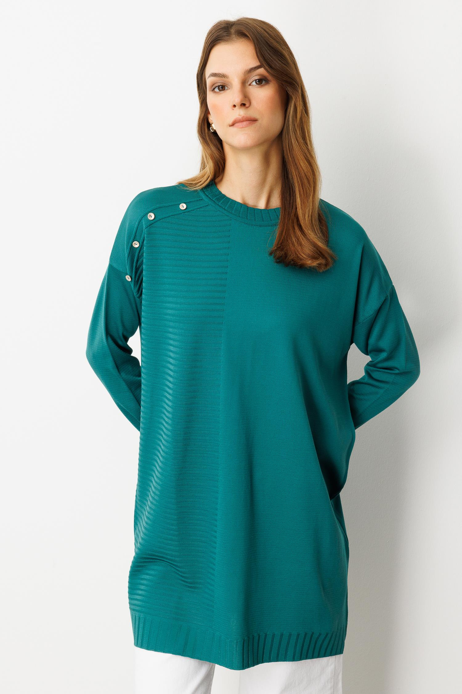 Omzu Düğme Detaylı Triko Tunik-PETROL