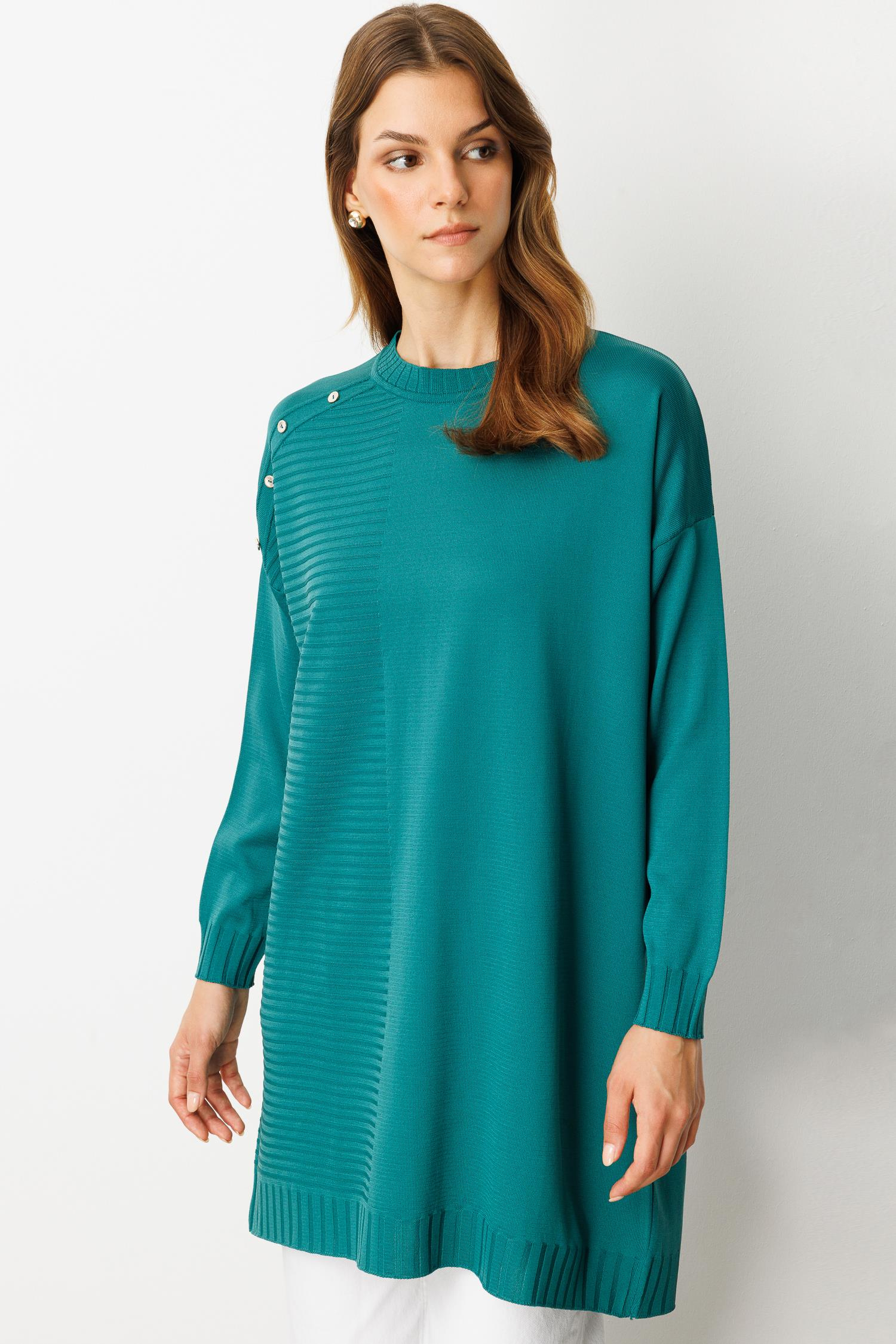 Omzu Düğme Detaylı Triko Tunik-PETROL