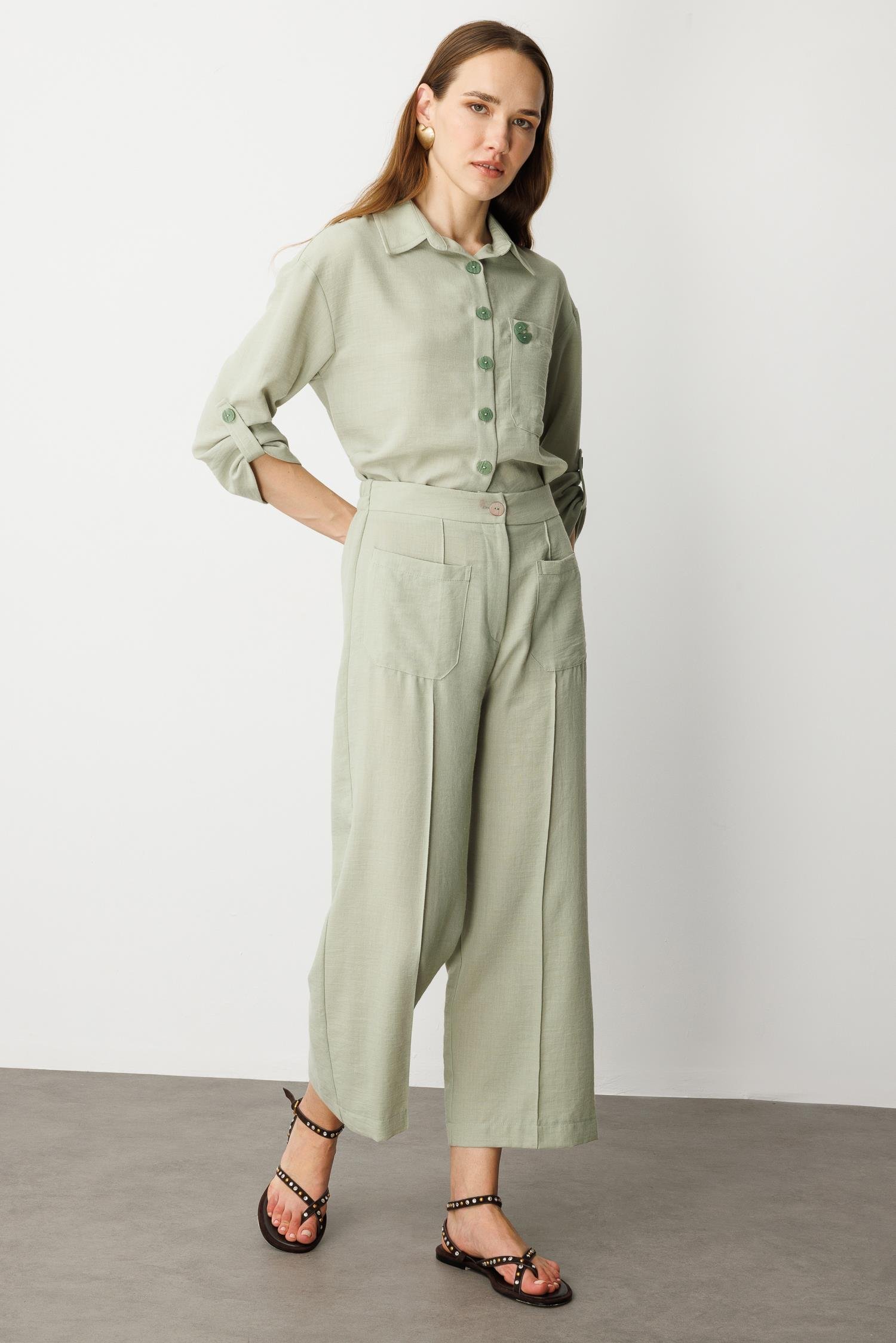 Önden Cep Detaylı Keten Görünüm Pantolon-SU YEŞİLİ