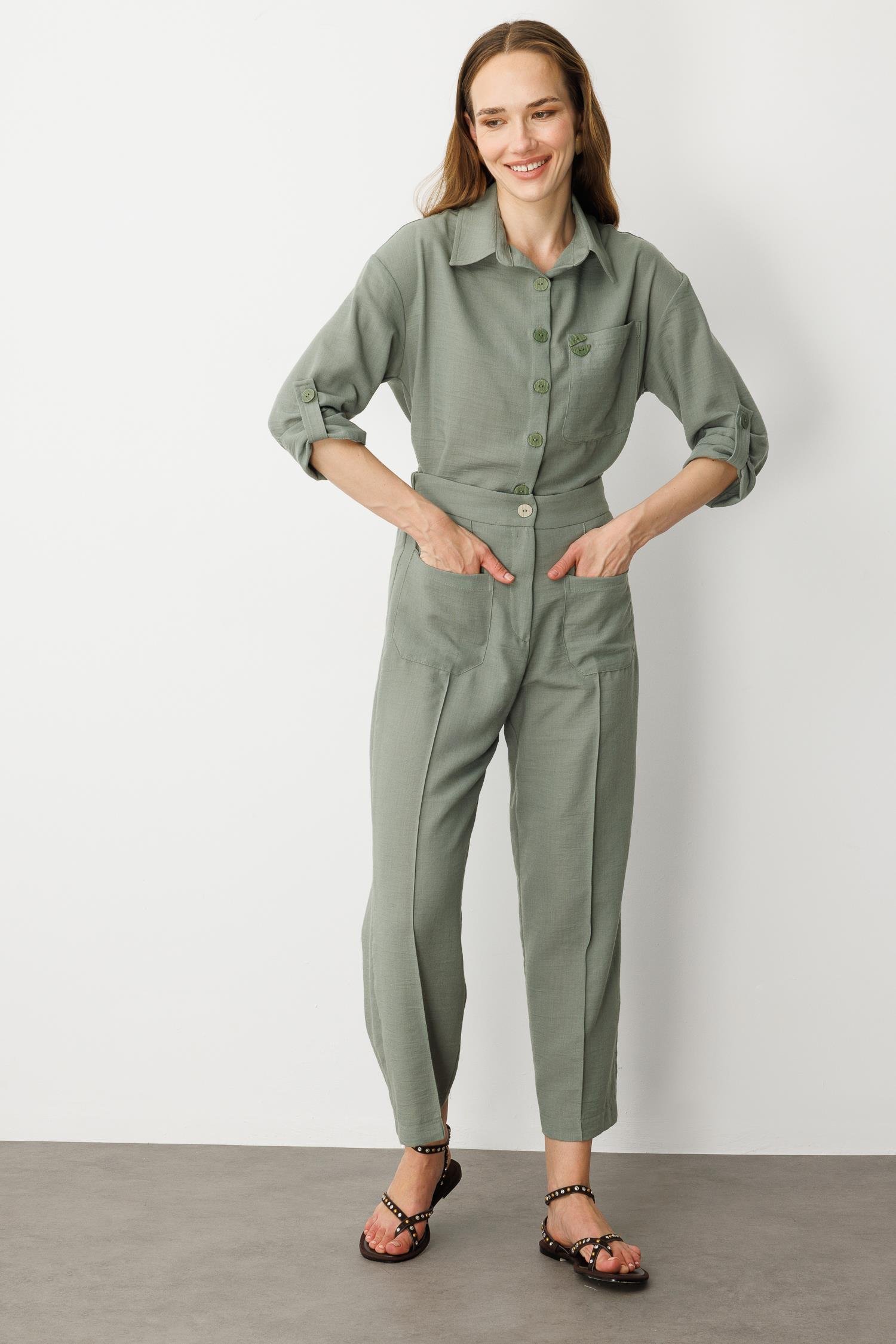 Önden Cep Detaylı Keten Görünüm Pantolon-ÇAĞLA