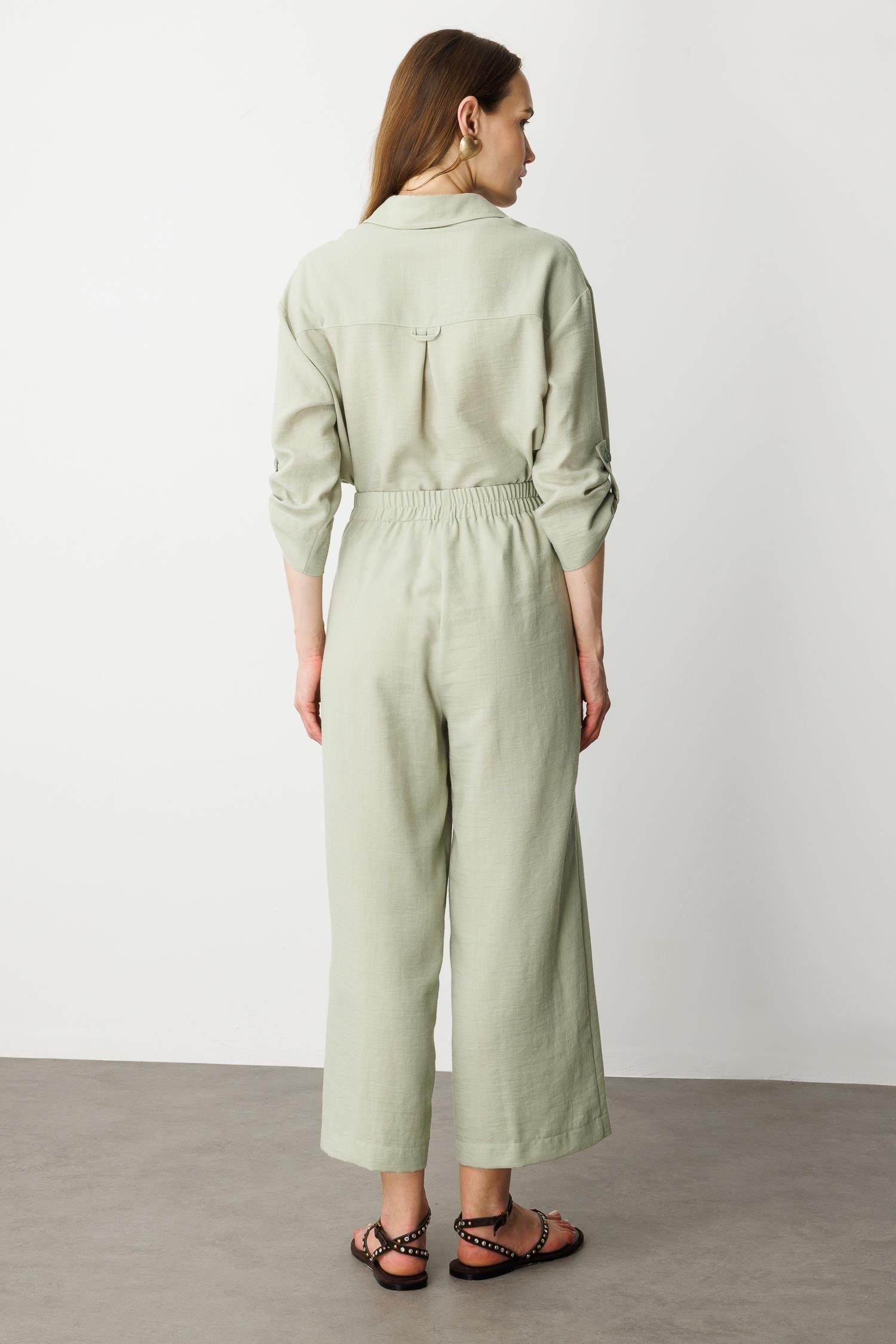 Önden Cep Detaylı Keten Görünüm Pantolon-SU YEŞİLİ