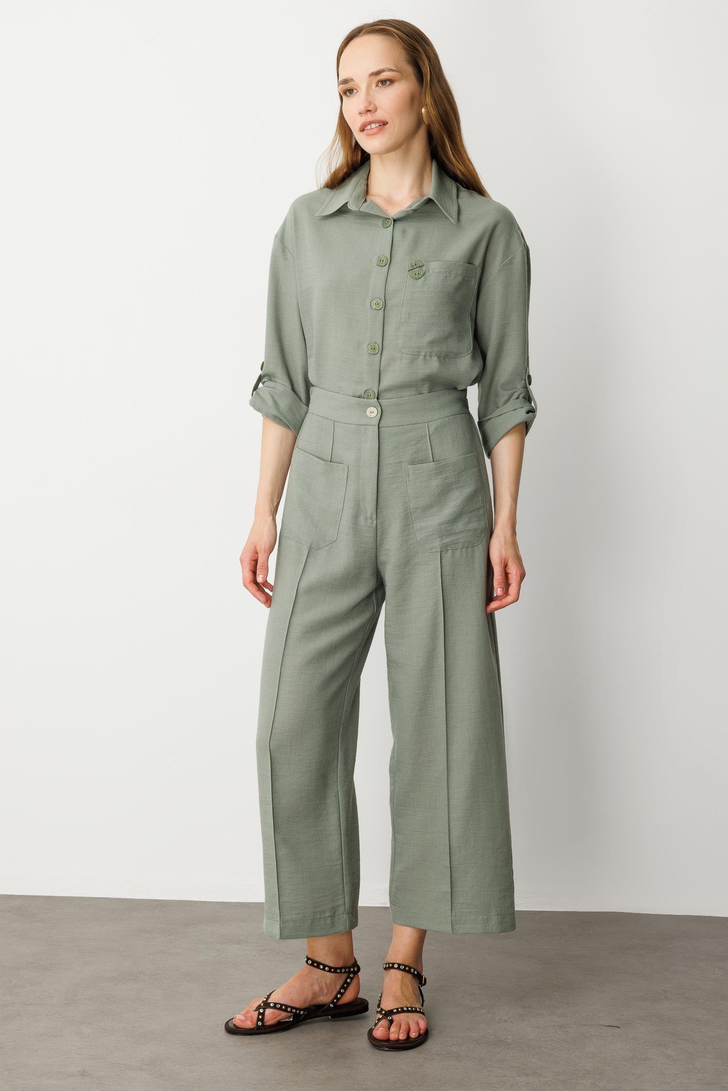 Önden Cep Detaylı Keten Görünüm Pantolon-ÇAĞLA