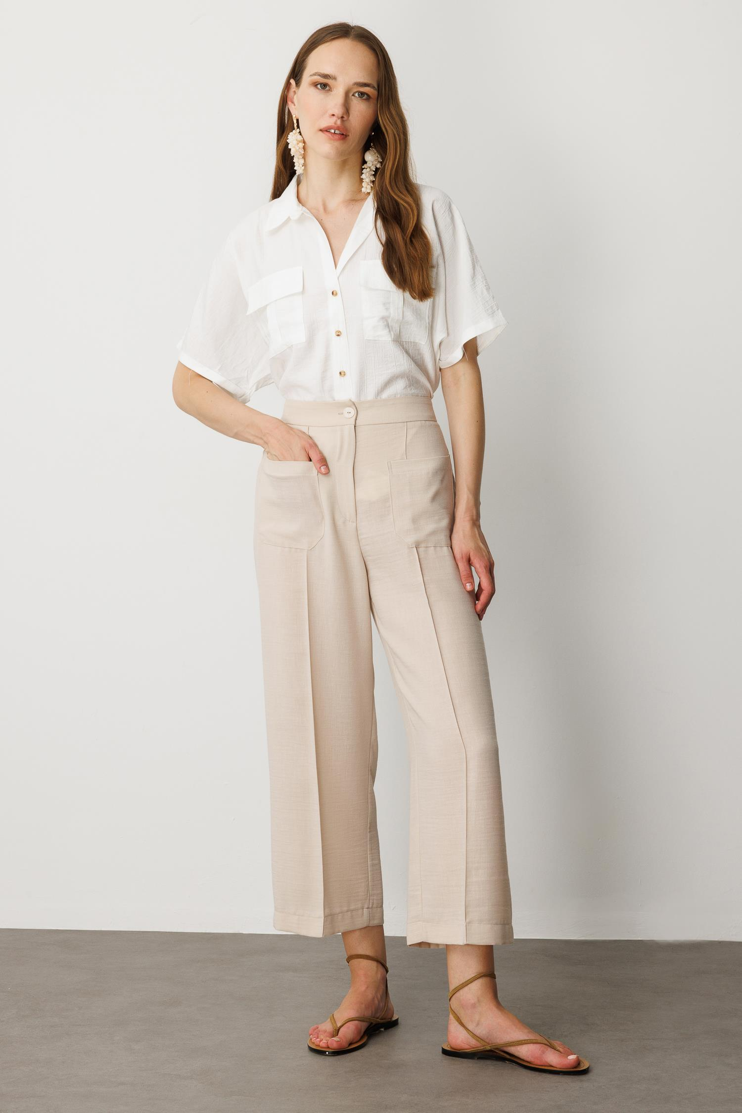 Önden Cep Detaylı Keten Görünüm Pantolon-TAŞ