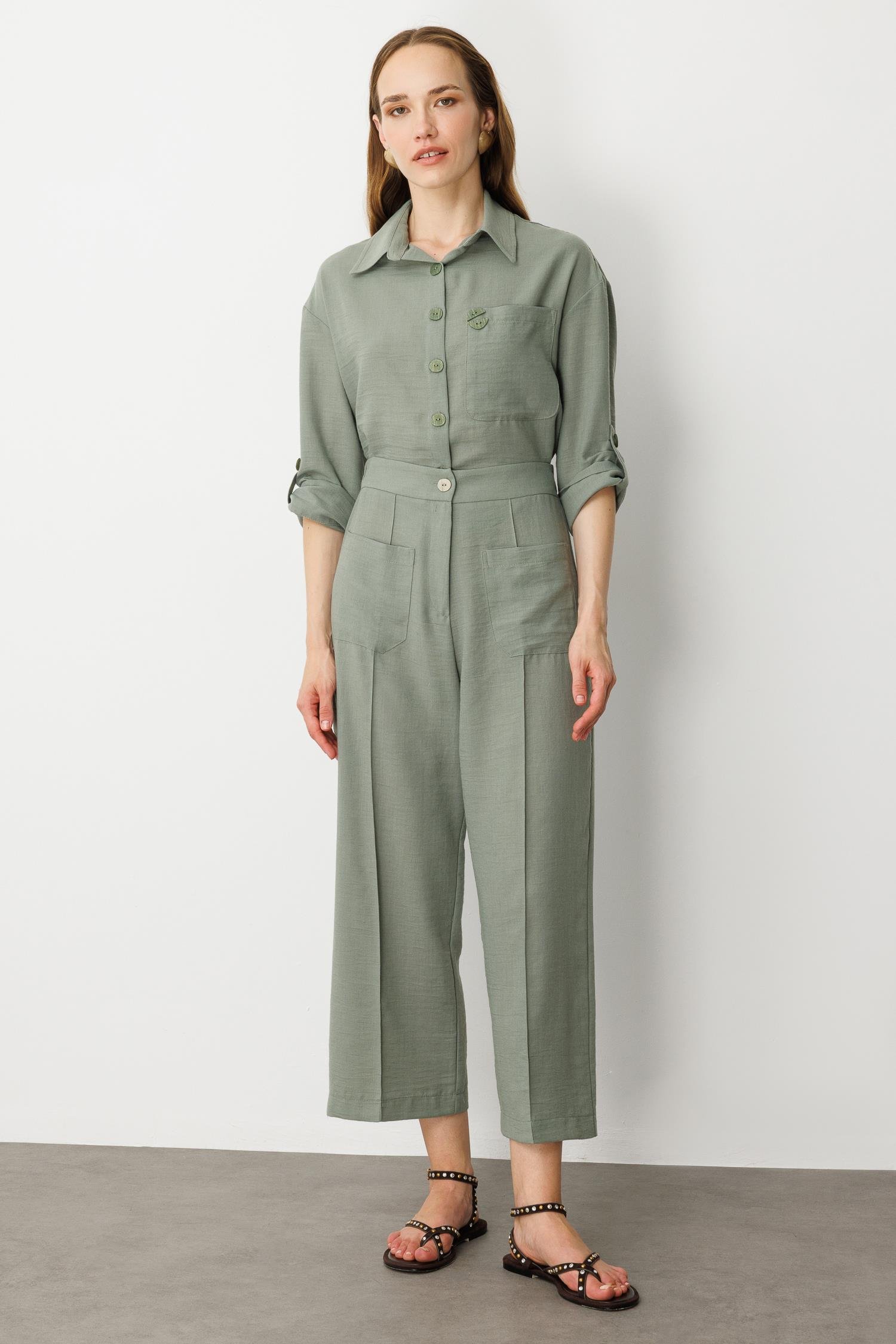 Önden Cep Detaylı Keten Görünüm Pantolon-ÇAĞLA